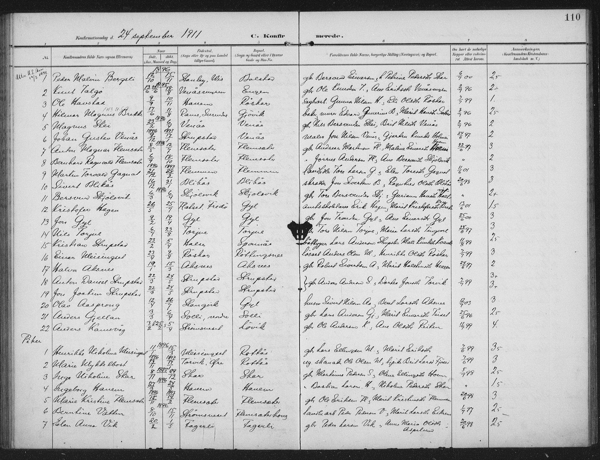 Ministerialprotokoller, klokkerbøker og fødselsregistre - Møre og Romsdal, AV/SAT-A-1454/586/L0989: Parish register (official) no. 586A15, 1906-1915, p. 110