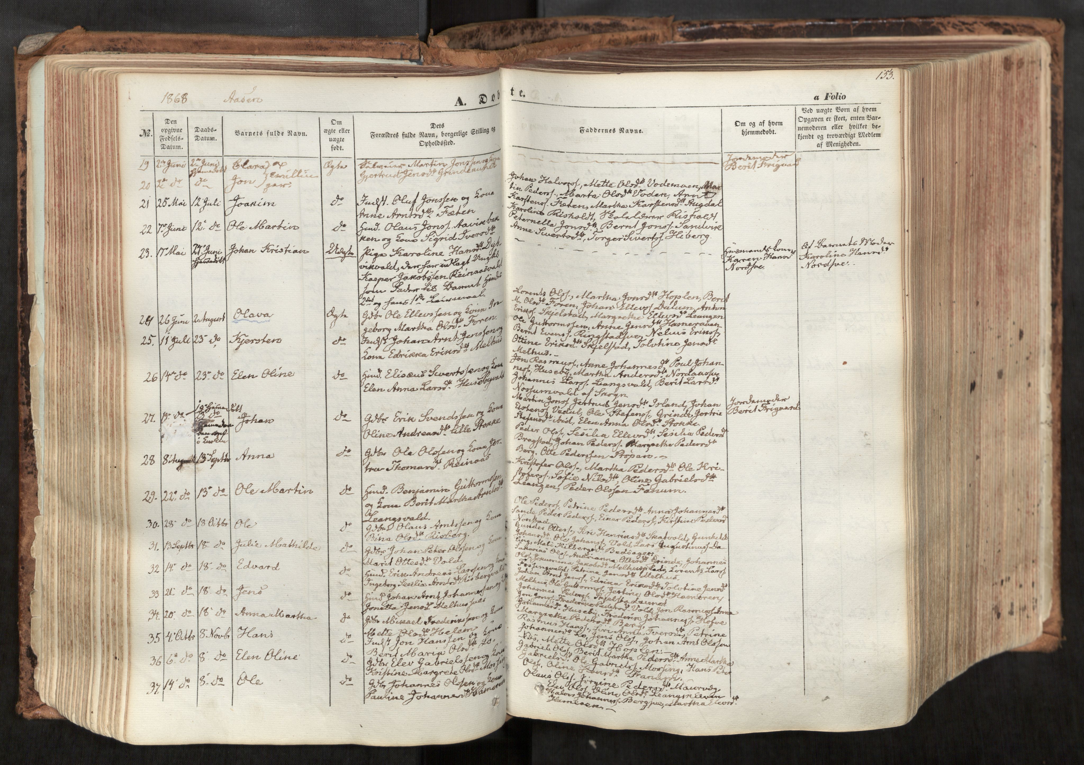 Ministerialprotokoller, klokkerbøker og fødselsregistre - Nord-Trøndelag, SAT/A-1458/713/L0116: Parish register (official) no. 713A07, 1850-1877, p. 153