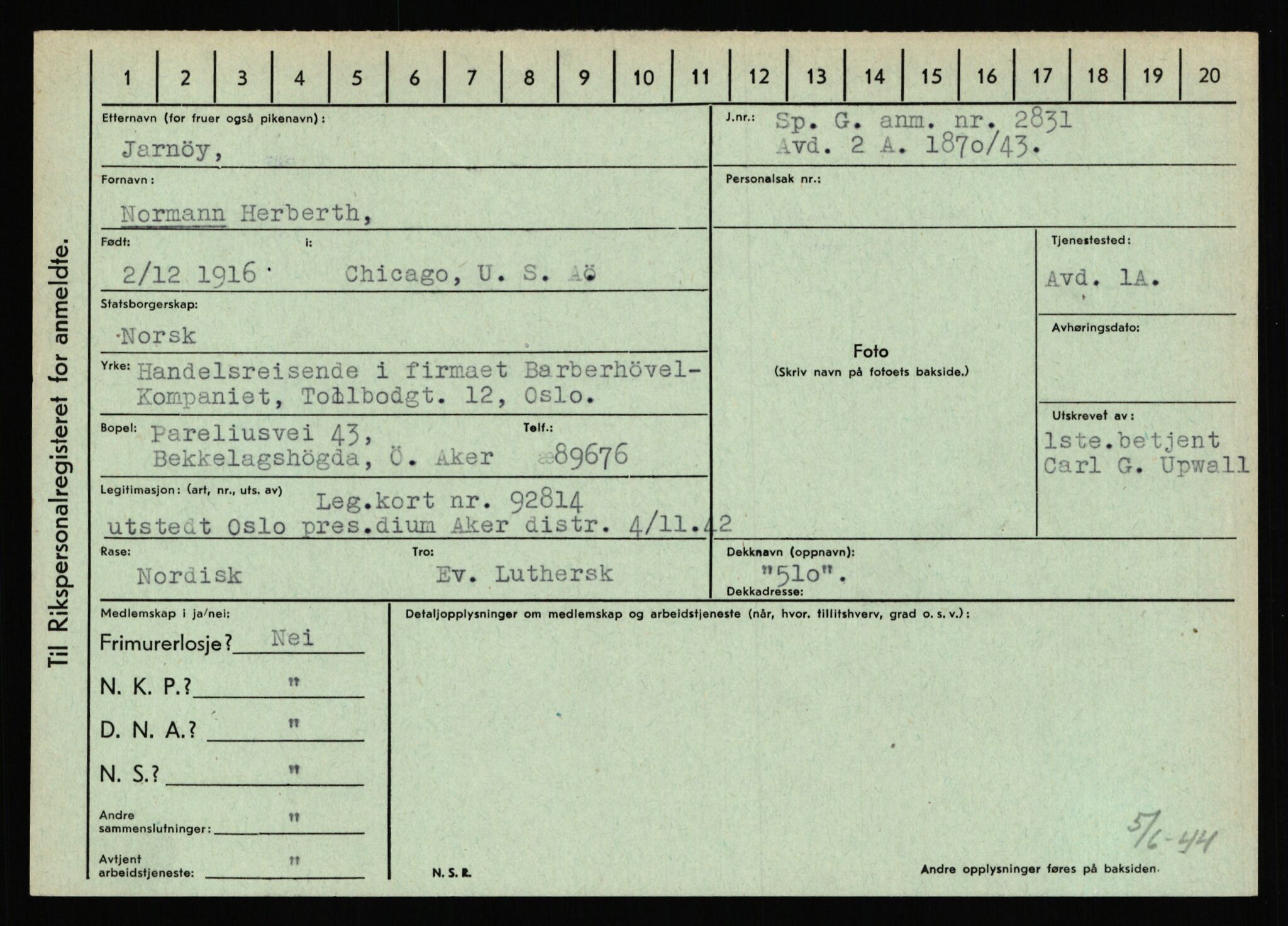 Statspolitiet - Hovedkontoret / Osloavdelingen, AV/RA-S-1329/C/Ca/L0007: Hol - Joelsen, 1943-1945, p. 3514