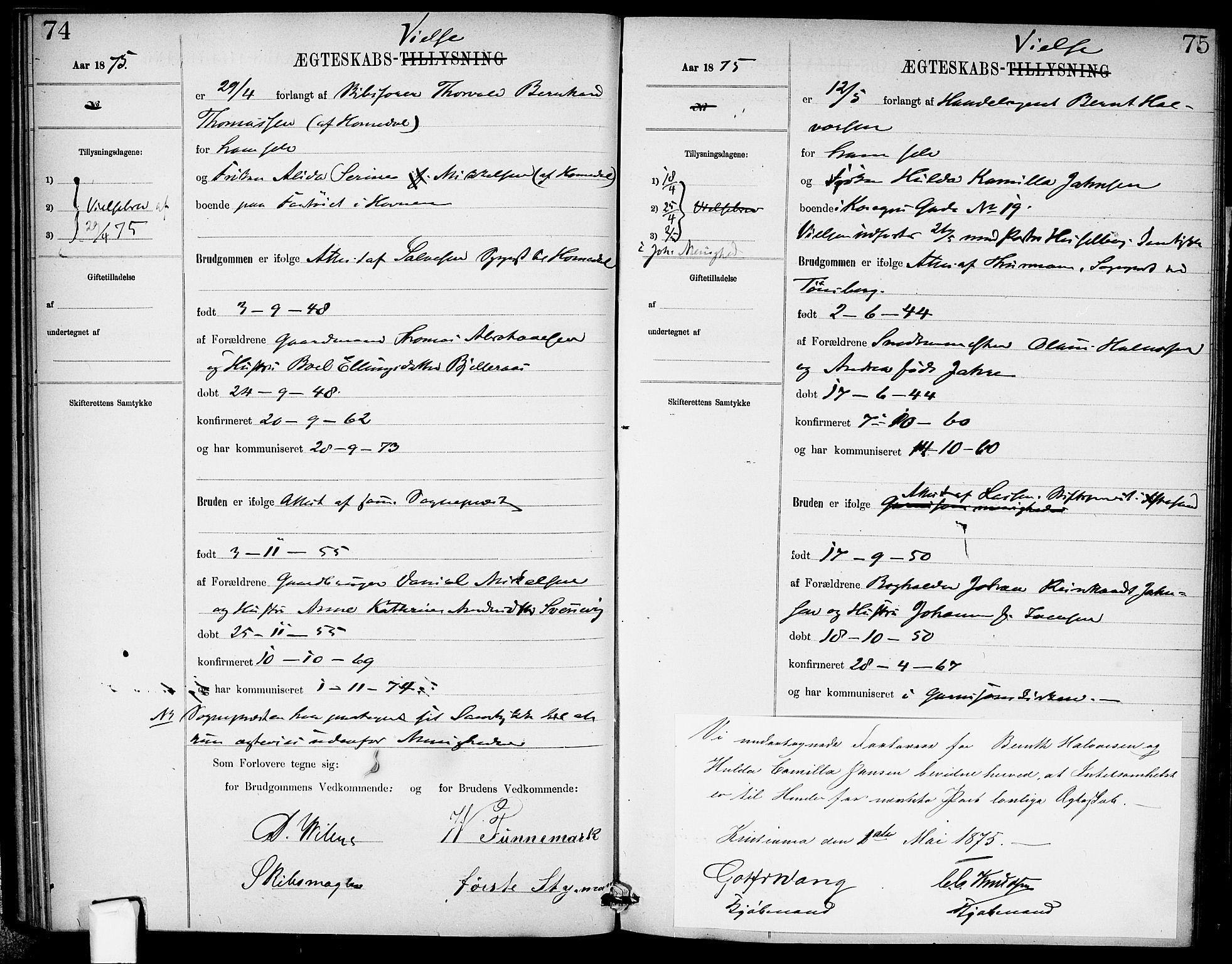 Garnisonsmenigheten Kirkebøker, AV/SAO-A-10846/H/Ha/L0007: Banns register no. I 7, 1872-1893, p. 74-75