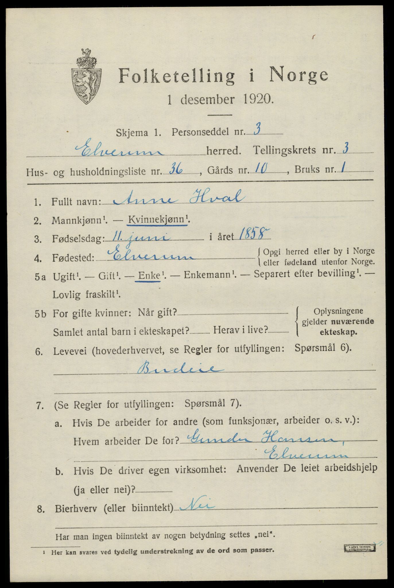 SAH, 1920 census for Elverum, 1920, p. 6414