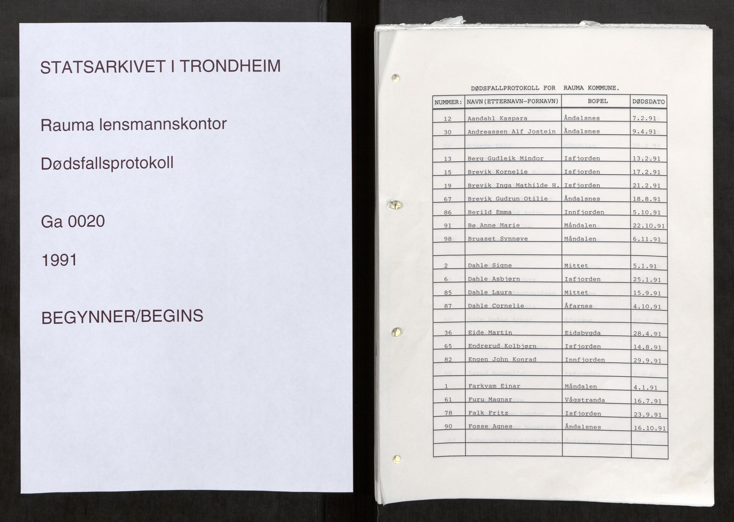 Rauma lensmannskontor, SAT/A-5660/2/Ga/L0020: Dødsfallsprotokoll, 1991