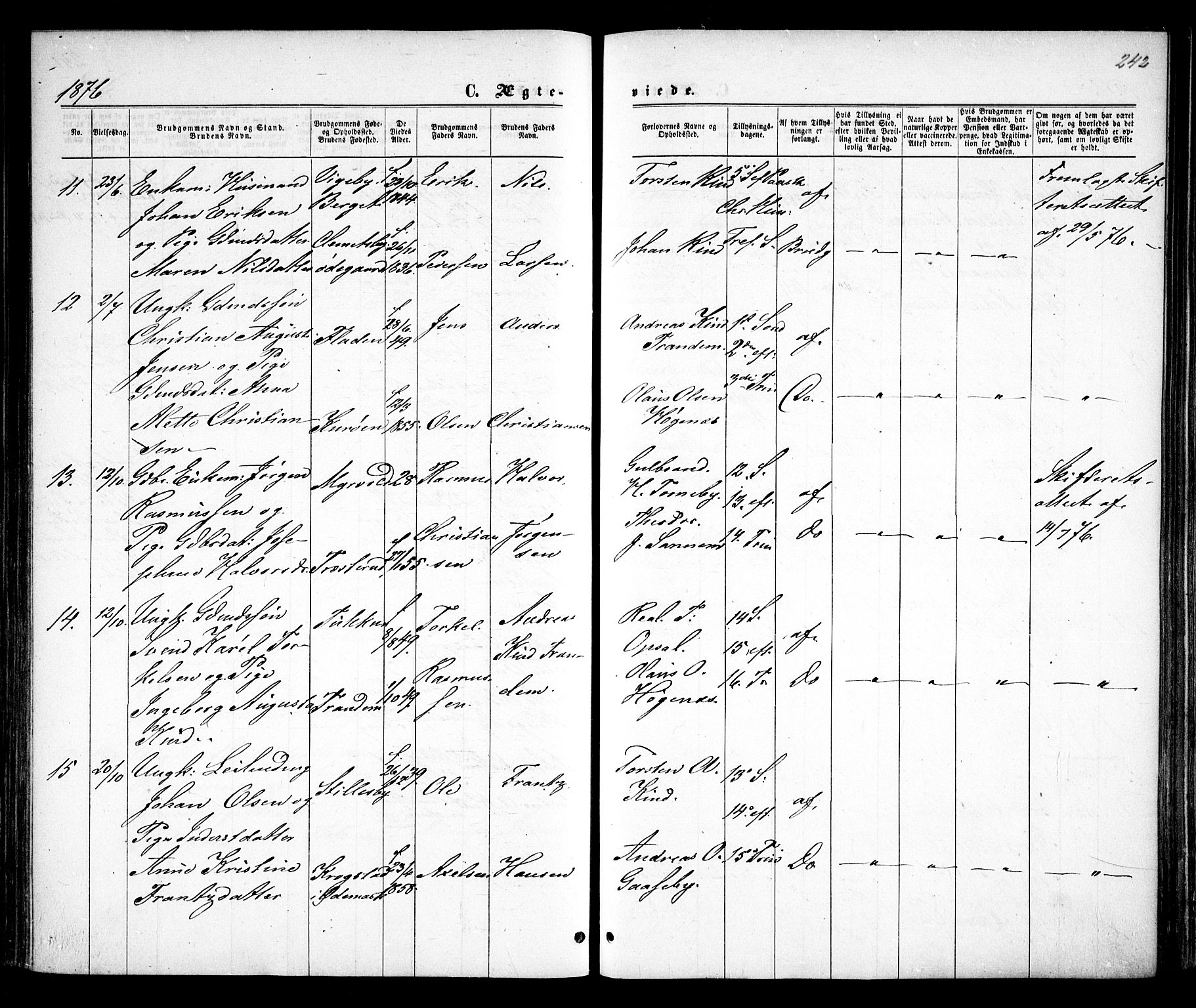 Rødenes prestekontor Kirkebøker, AV/SAO-A-2005/F/Fa/L0008: Parish register (official) no. I 8, 1869-1879, p. 242