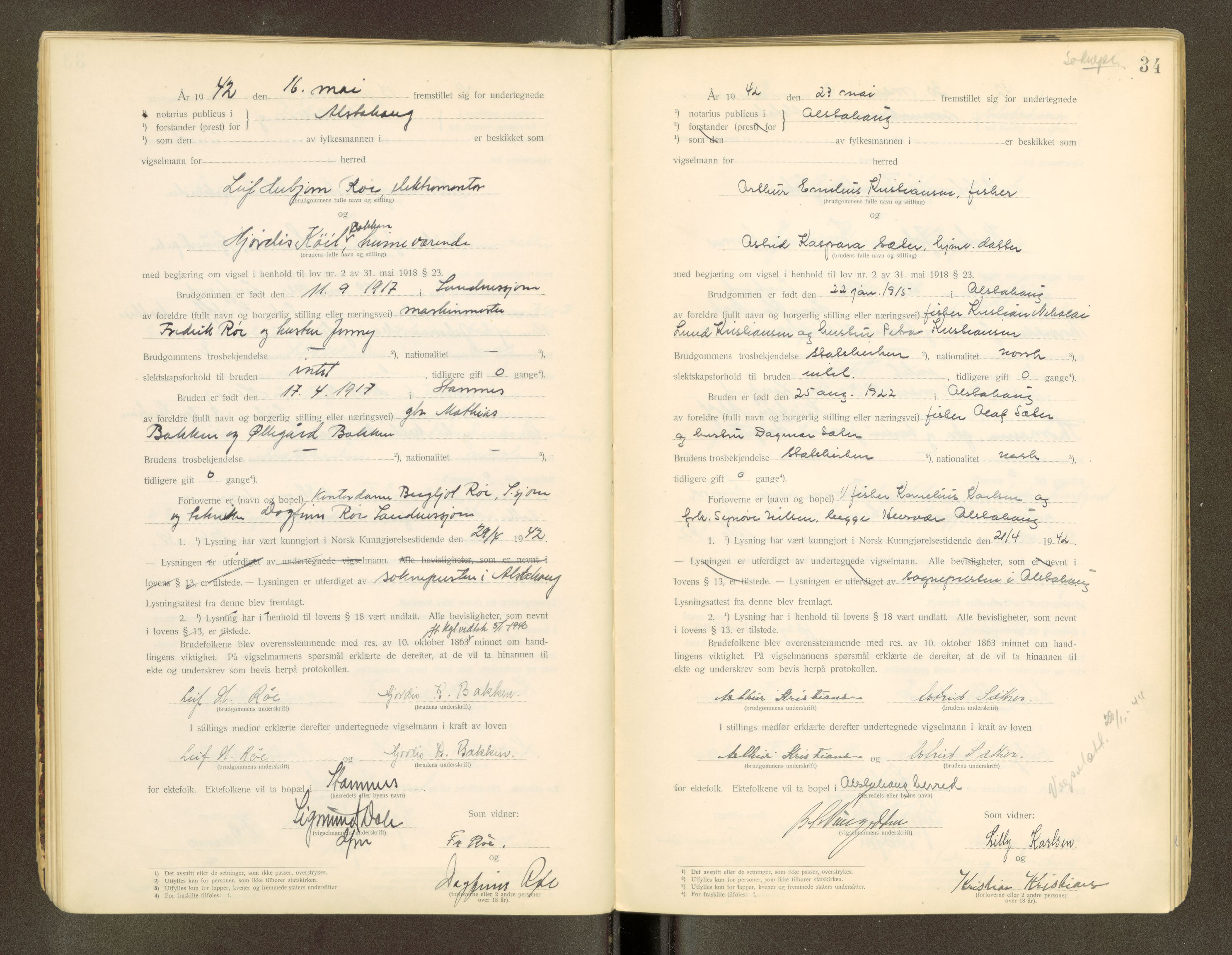 Søndre Helgeland sorenskriveri, AV/SAT-A-4575/1/6/6D/L0002: Vigselsprotokoll, 1920-1943, p. 34