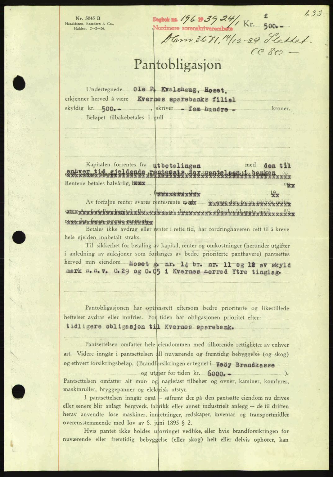 Nordmøre sorenskriveri, SAT/A-4132/1/2/2Ca: Mortgage book no. B84, 1938-1939, Diary no: : 196/1939
