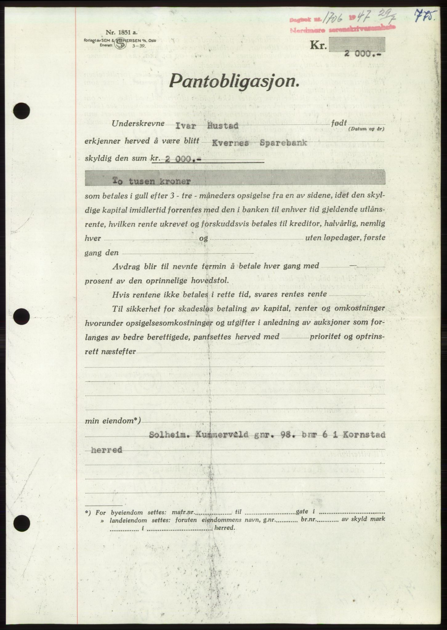 Nordmøre sorenskriveri, AV/SAT-A-4132/1/2/2Ca: Mortgage book no. B96, 1947-1947, Diary no: : 1706/1947