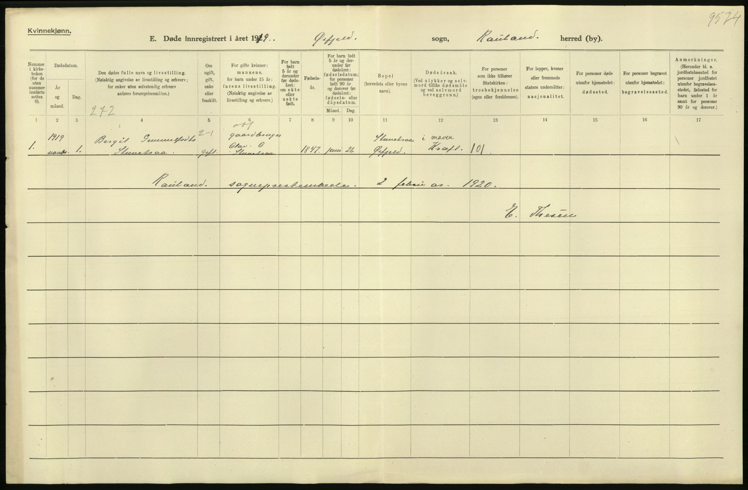 Statistisk sentralbyrå, Sosiodemografiske emner, Befolkning, AV/RA-S-2228/D/Df/Dfb/Dfbi/L0023: Telemark fylke: Døde. Bygder og byer., 1919, p. 354