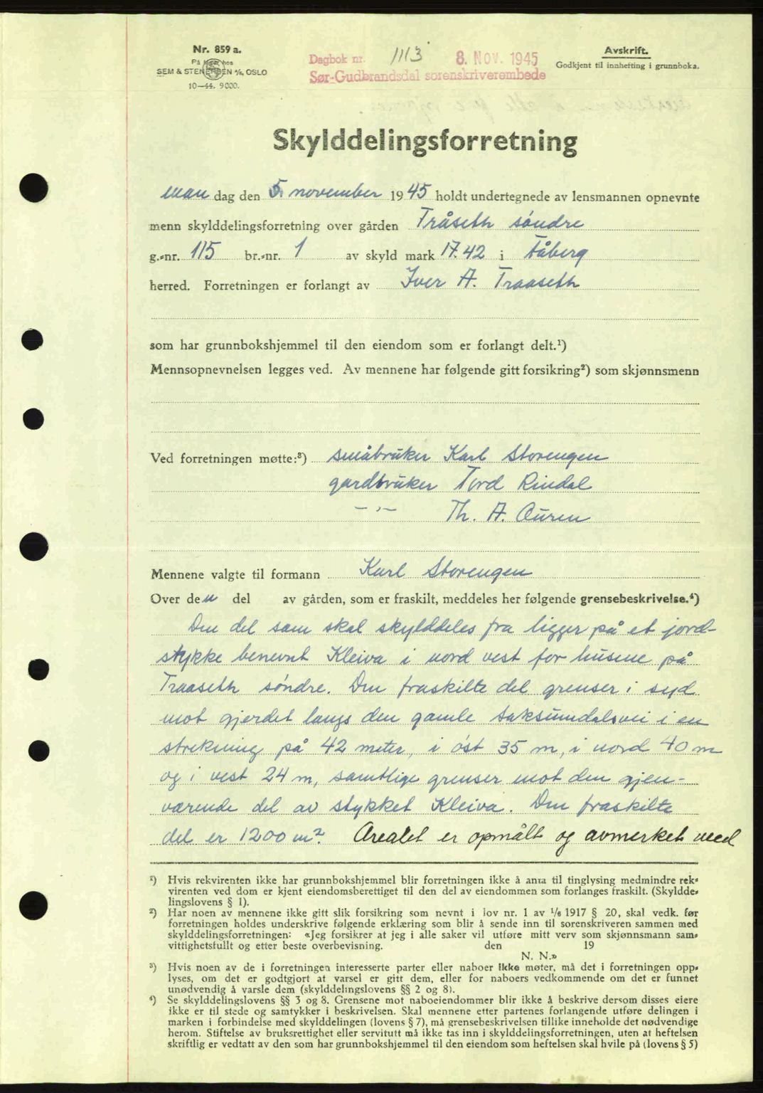 Sør-Gudbrandsdal tingrett, SAH/TING-004/H/Hb/Hbd/L0014: Mortgage book no. A14, 1944-1945, Diary no: : 1113/1945