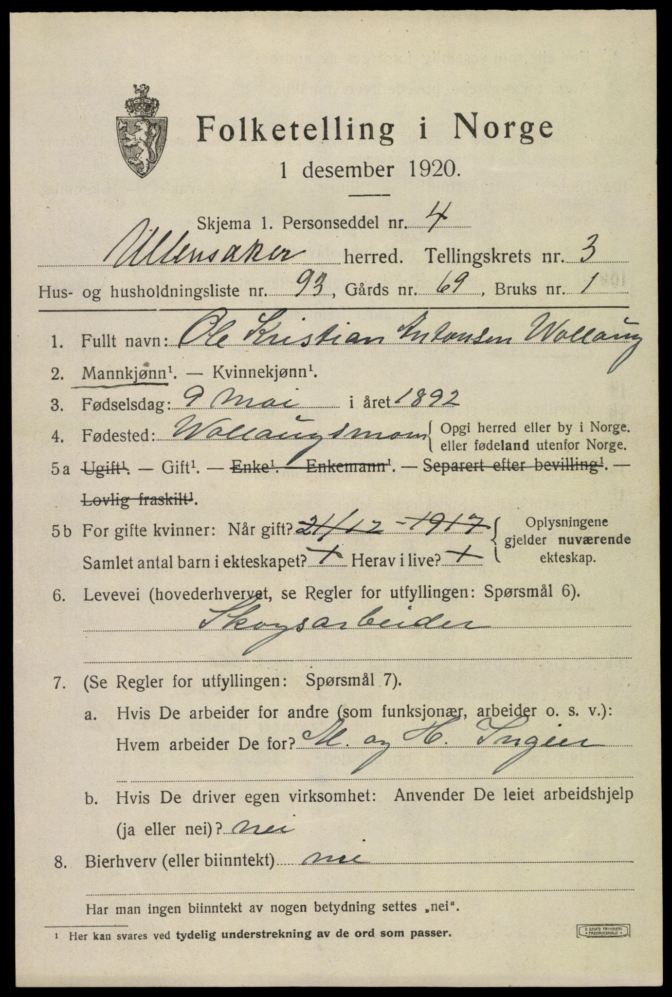 SAO, 1920 census for Ullensaker, 1920, p. 7227