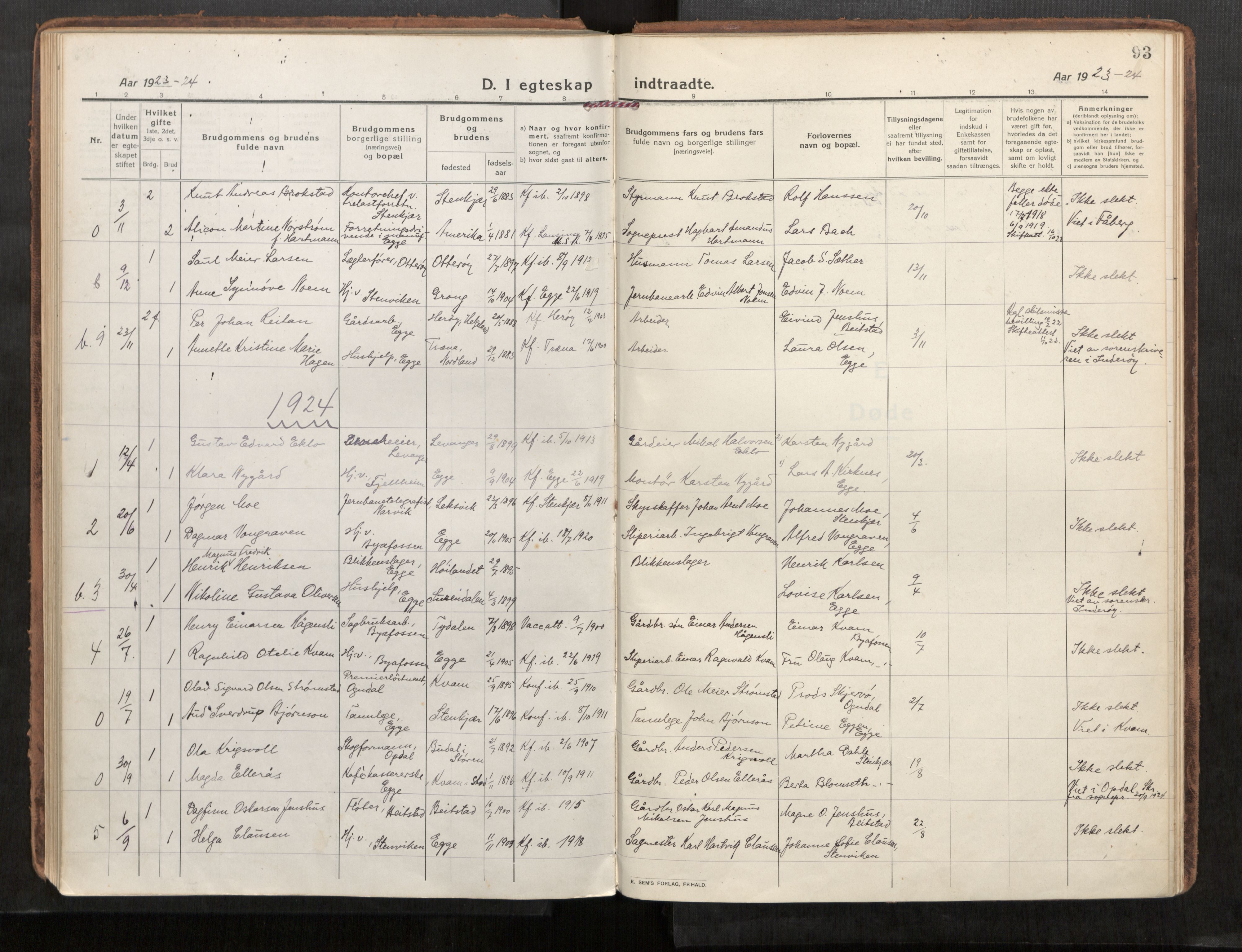 Steinkjer sokneprestkontor, AV/SAT-A-1541/01/H/Ha/Haa/L0004: Parish register (official) no. 4, 1918-1924, p. 93