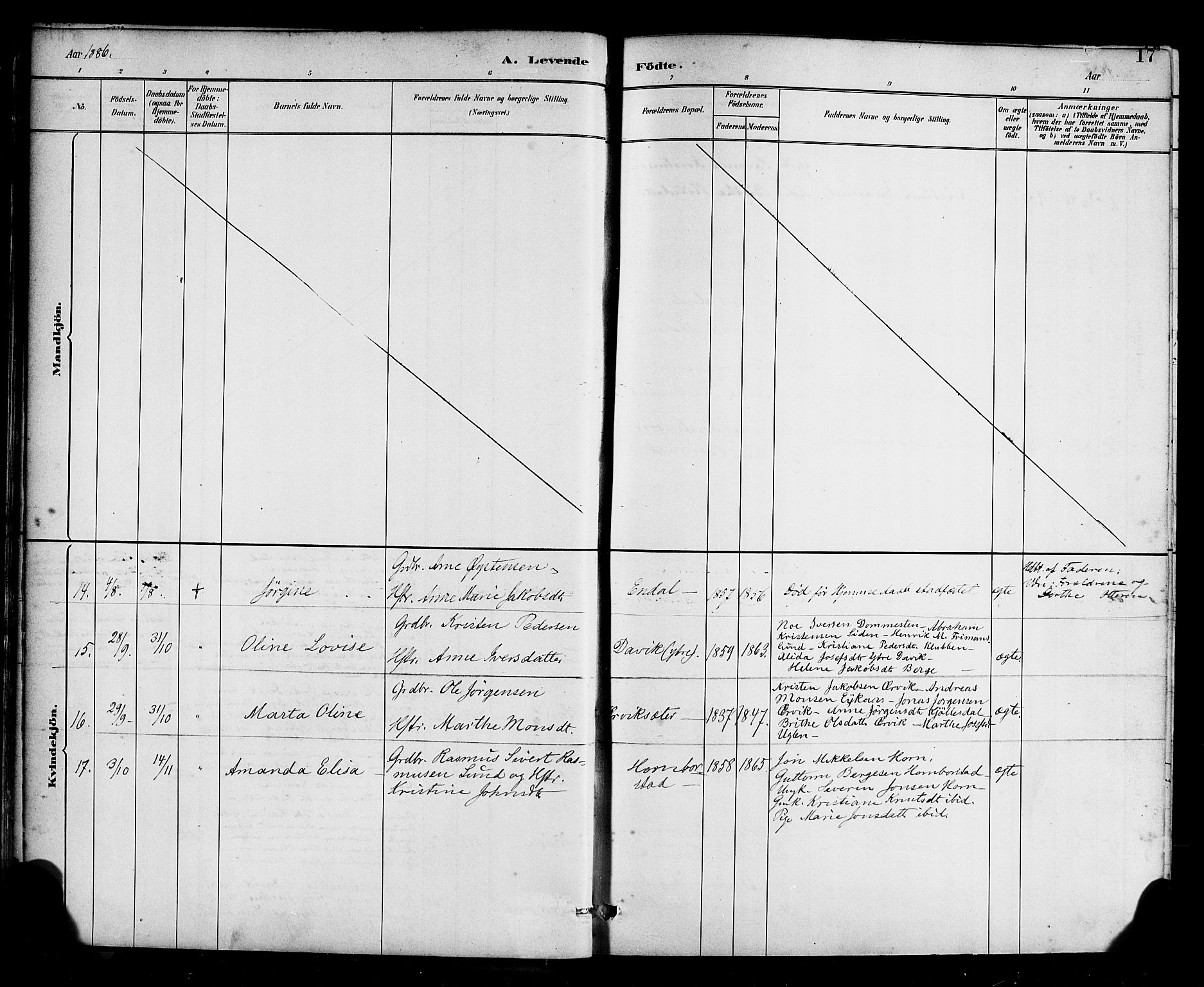 Davik sokneprestembete, AV/SAB-A-79701/H/Haa/Haab/L0001: Parish register (official) no. B 1, 1882-1900, p. 17