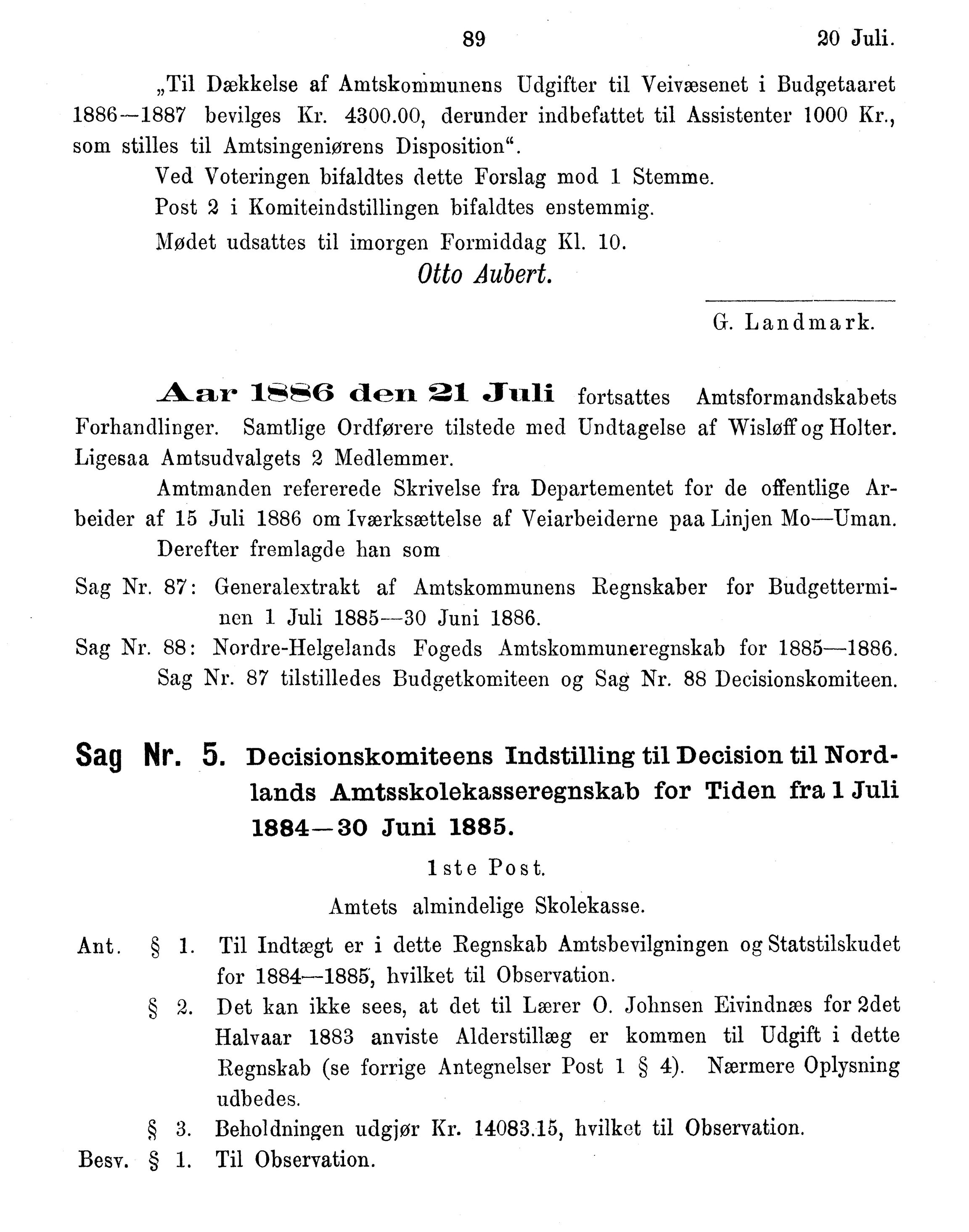 Nordland Fylkeskommune. Fylkestinget, AIN/NFK-17/176/A/Ac/L0015: Fylkestingsforhandlinger 1886-1890, 1886-1890, p. 89