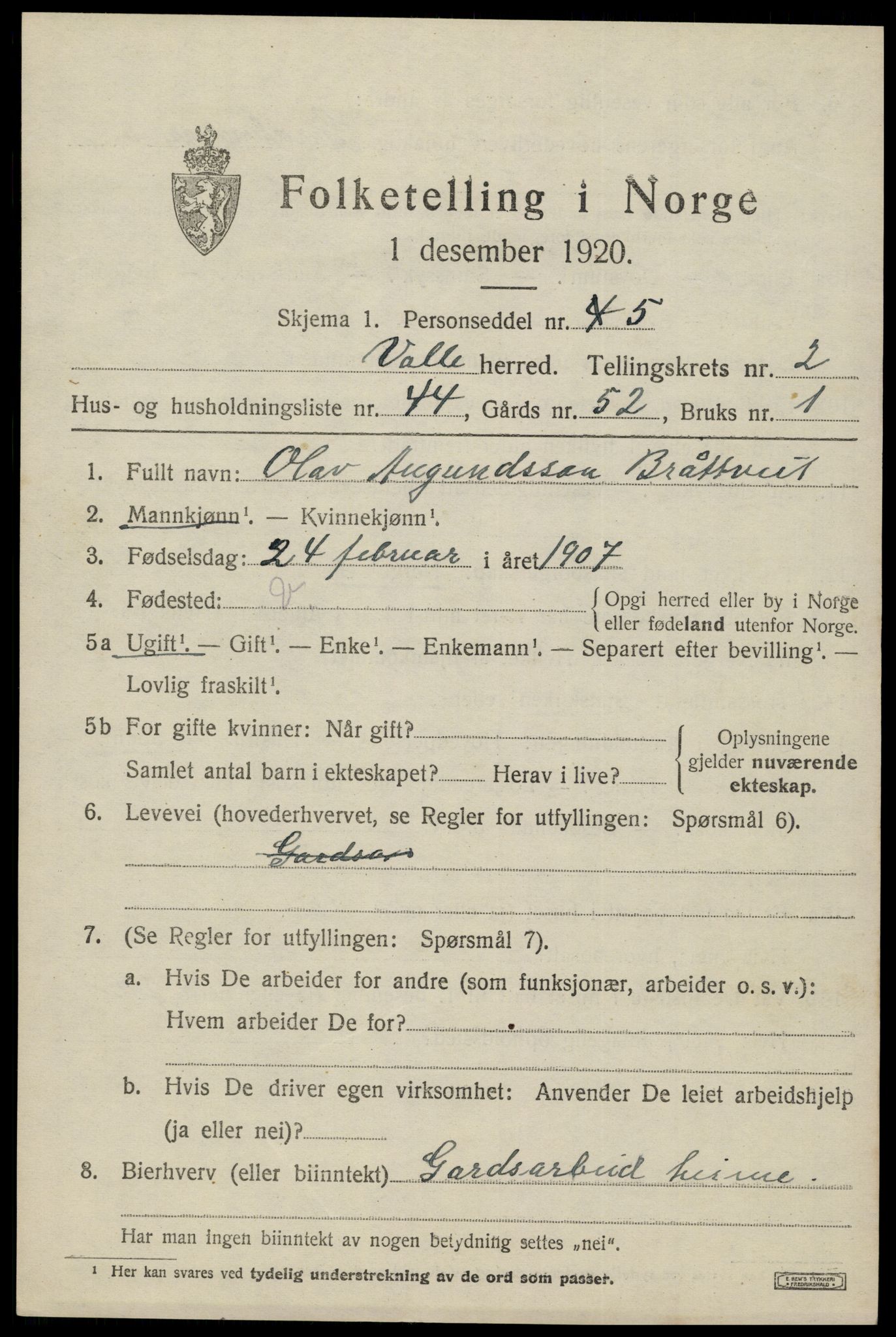 SAK, 1920 census for Valle, 1920, p. 1457