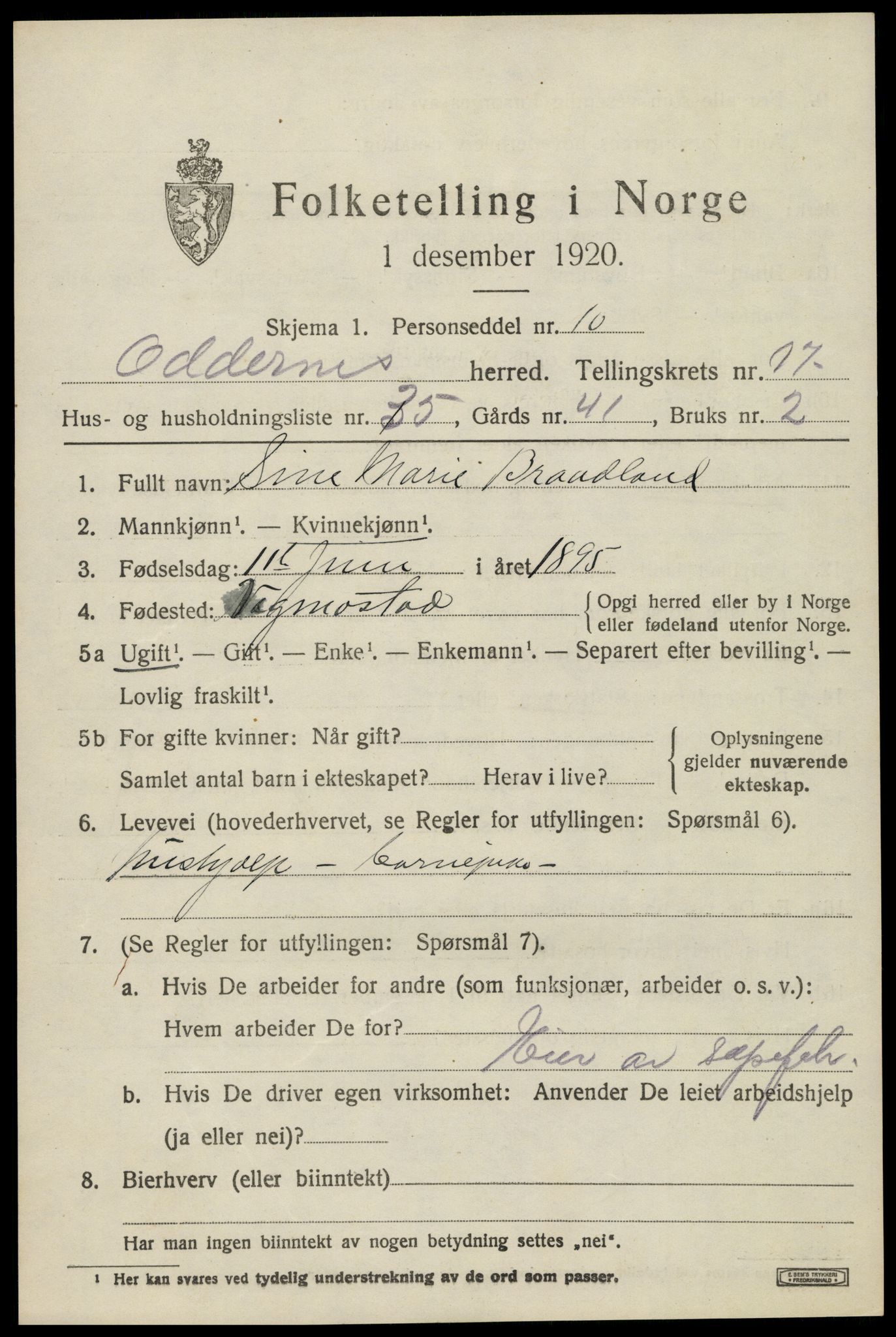 SAK, 1920 census for Oddernes, 1920, p. 13093