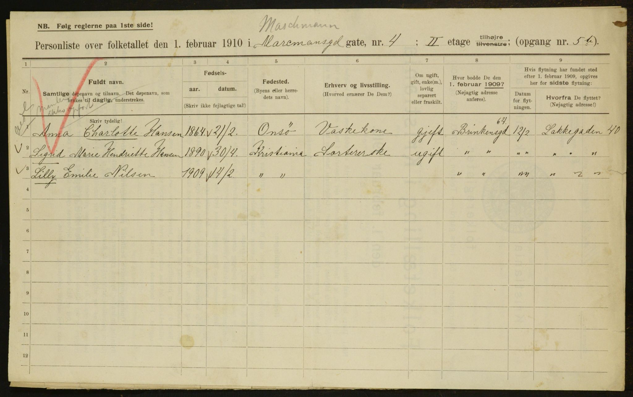 OBA, Municipal Census 1910 for Kristiania, 1910, p. 62705