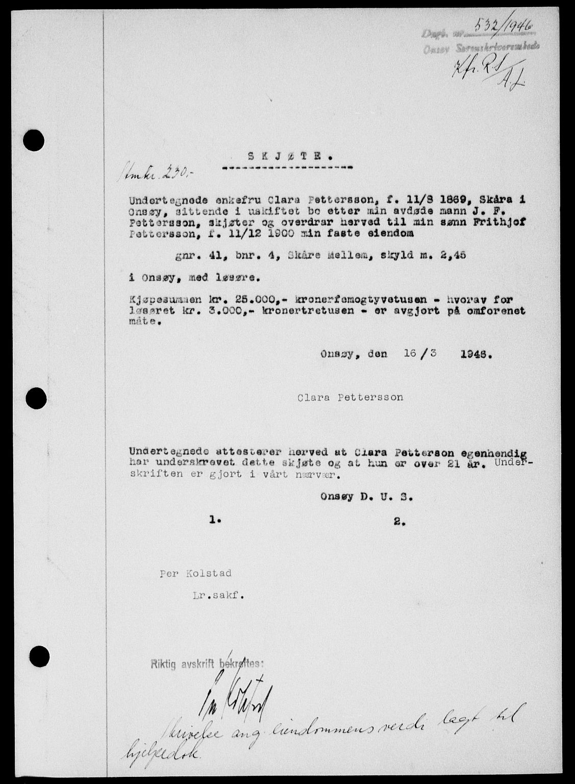 Onsøy sorenskriveri, SAO/A-10474/G/Ga/Gab/L0015: Mortgage book no. II A-15, 1945-1946, Diary no: : 532/1946