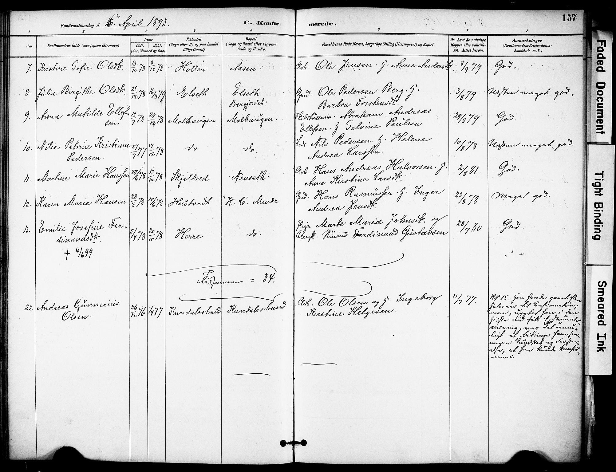 Solum kirkebøker, AV/SAKO-A-306/F/Fa/L0010: Parish register (official) no. I 10, 1888-1898, p. 157