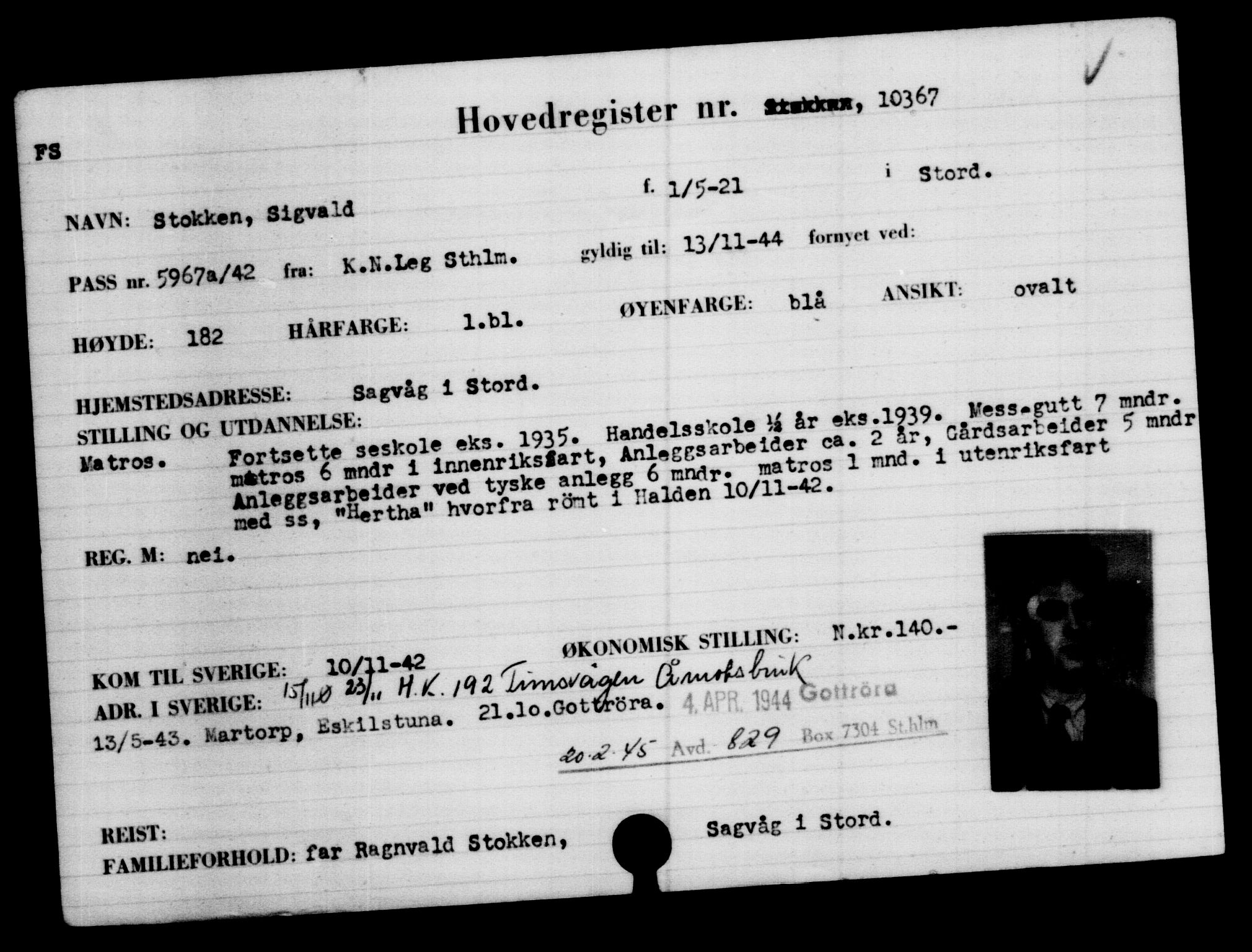 Utenriksstasjonene, Legasjonen i Stockholm, Flyktningkontoret, AV/RA-S-6753/V/Va/L0006: Kjesäterkartoteket, flyktninger med registreringsnr. 9400-12711, 1940-1945, p. 1106