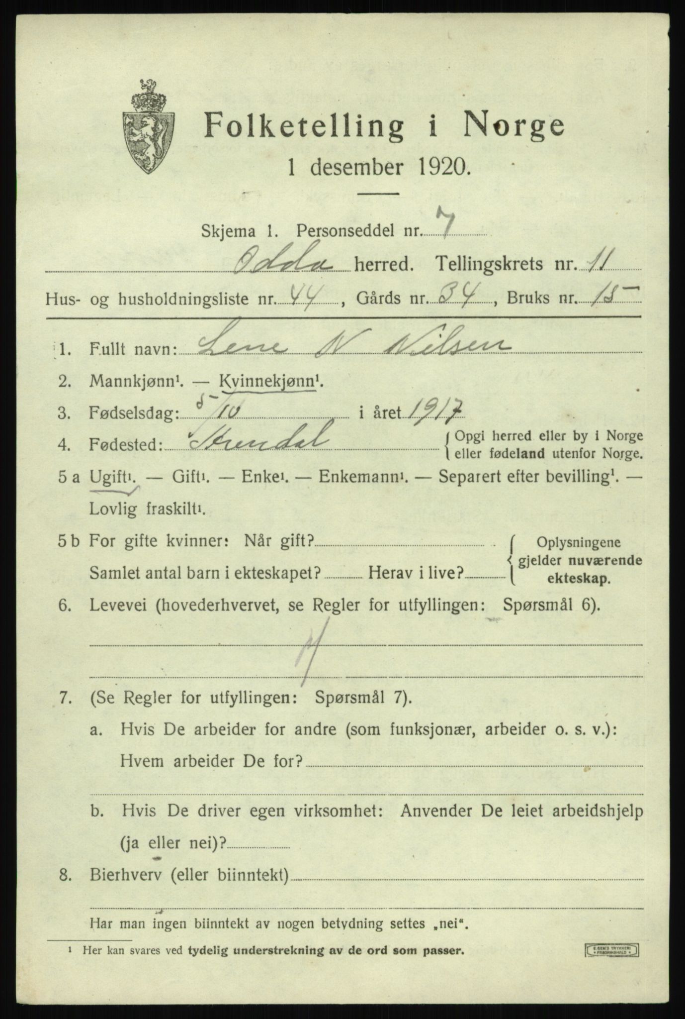 SAB, 1920 census for Odda, 1920, p. 11653