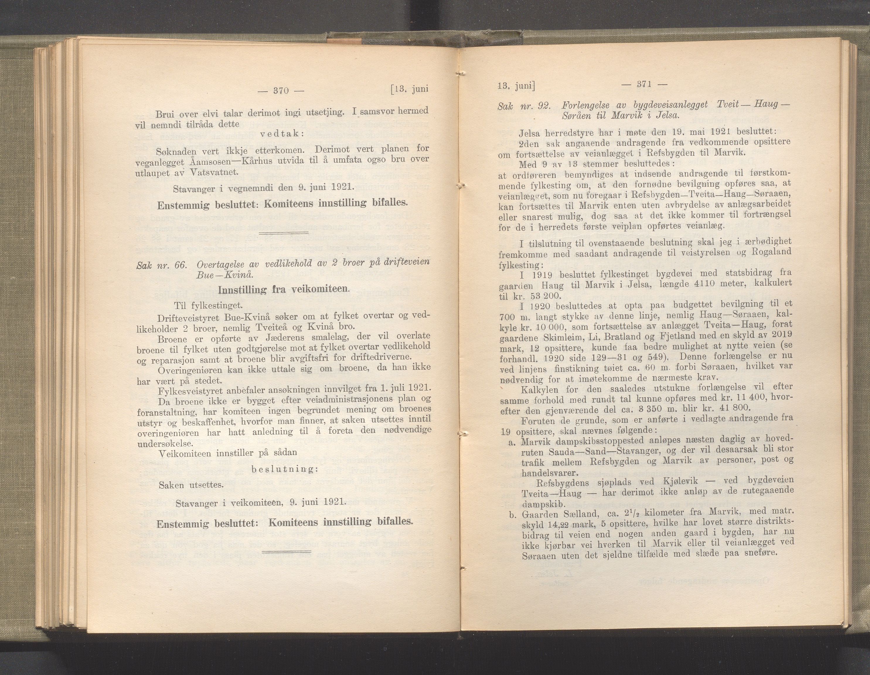 Rogaland fylkeskommune - Fylkesrådmannen , IKAR/A-900/A/Aa/Aaa/L0040: Møtebok , 1921, p. 370-371