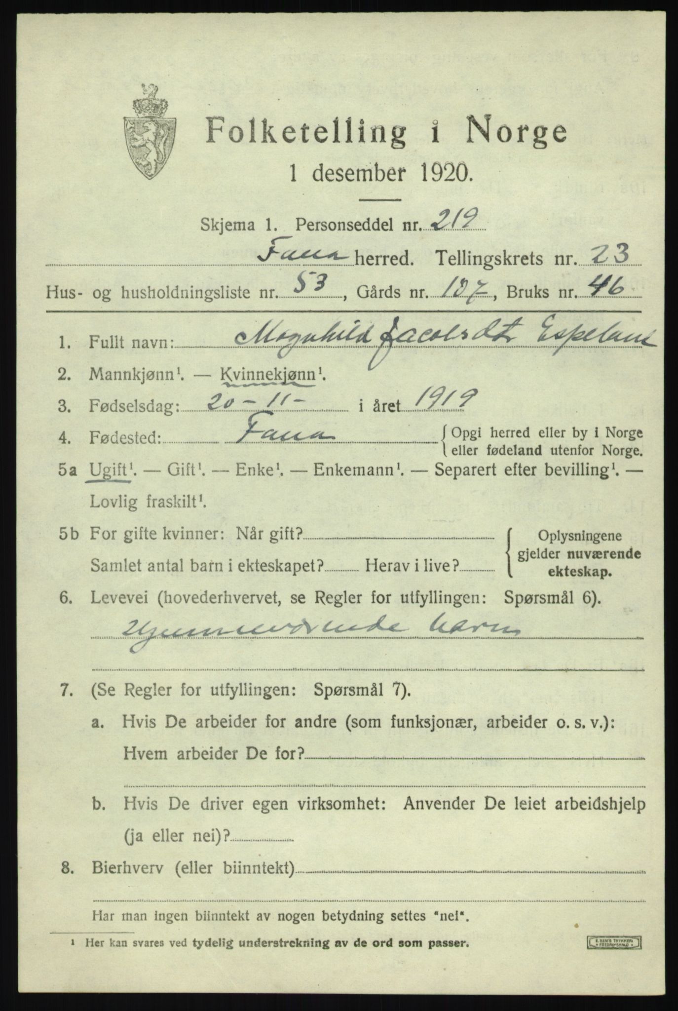 SAB, 1920 census for Fana, 1920, p. 26725