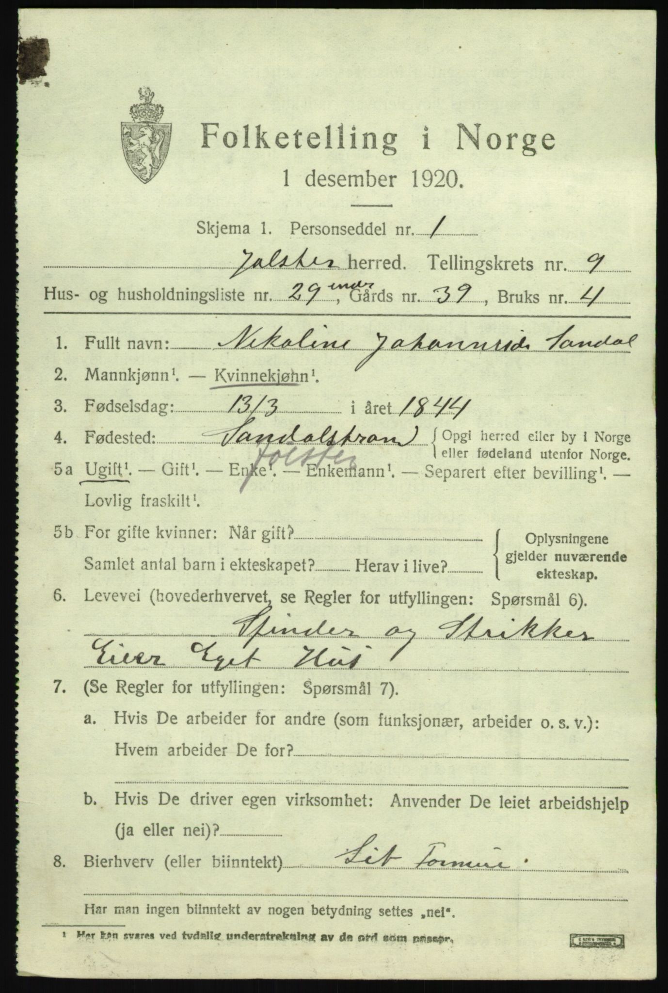 SAB, 1920 census for Jølster, 1920, p. 4644