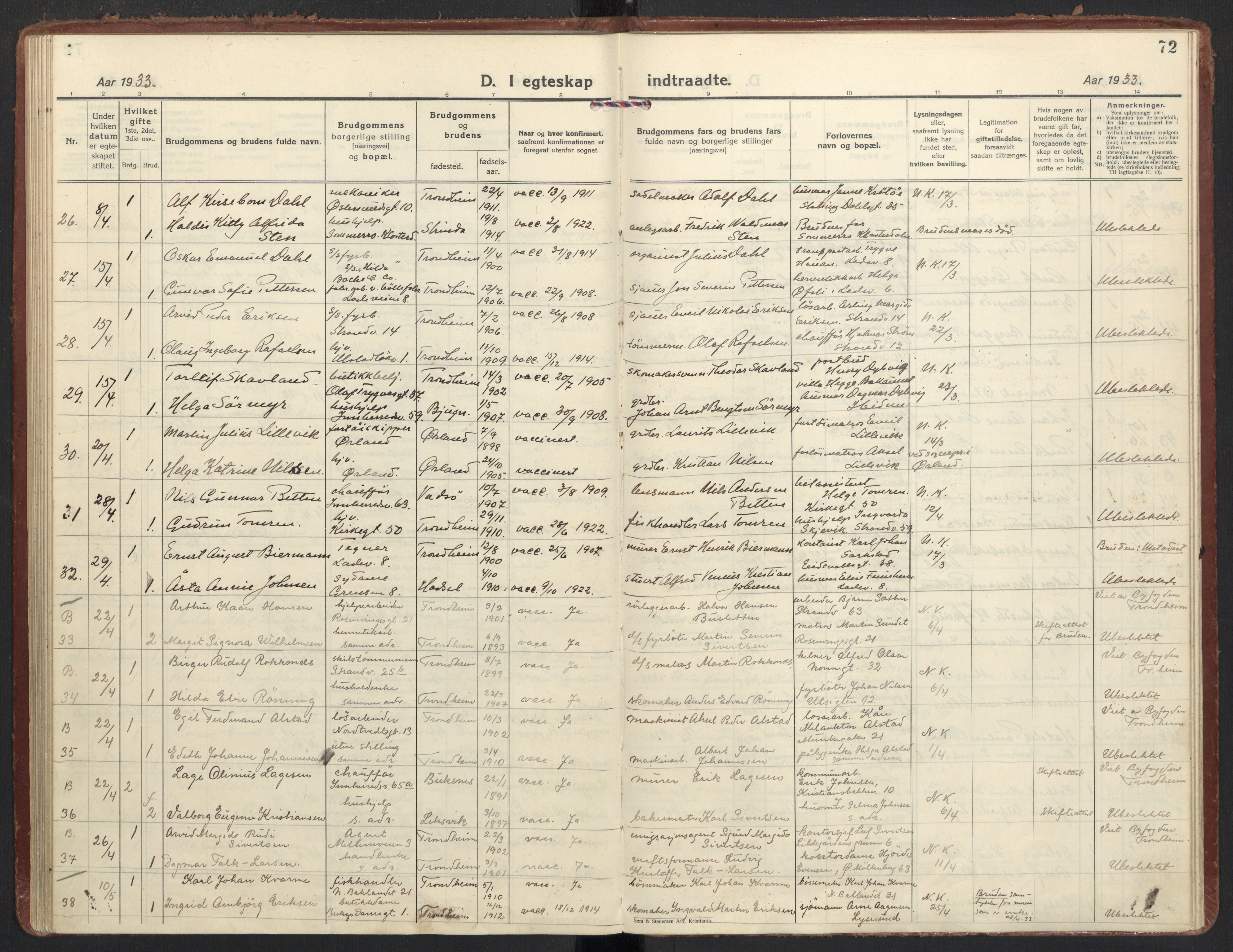 Ministerialprotokoller, klokkerbøker og fødselsregistre - Sør-Trøndelag, AV/SAT-A-1456/605/L0249: Parish register (official) no. 605A11, 1925-1936, p. 72