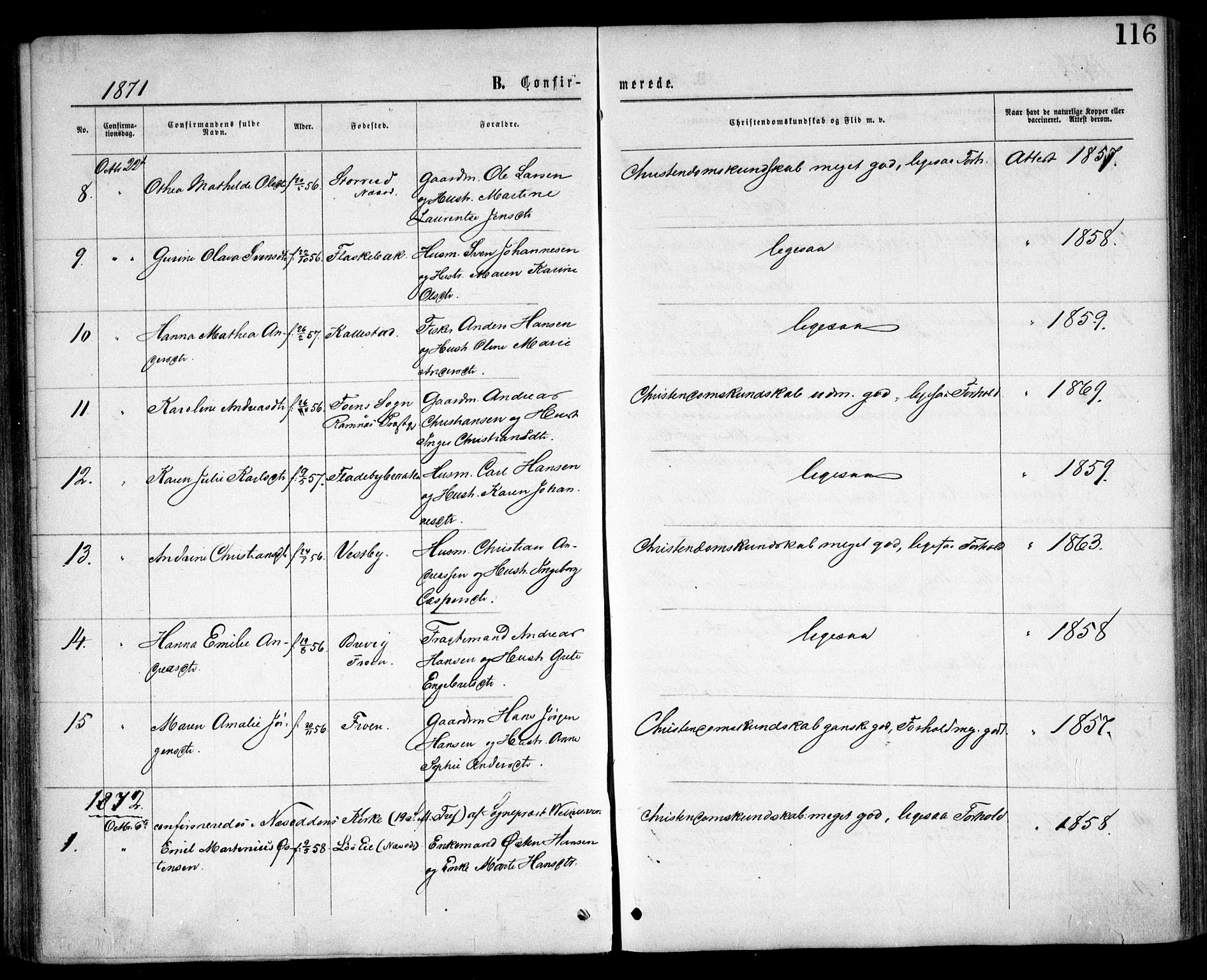 Nesodden prestekontor Kirkebøker, AV/SAO-A-10013/F/Fa/L0008: Parish register (official) no. I 8, 1869-1879, p. 116