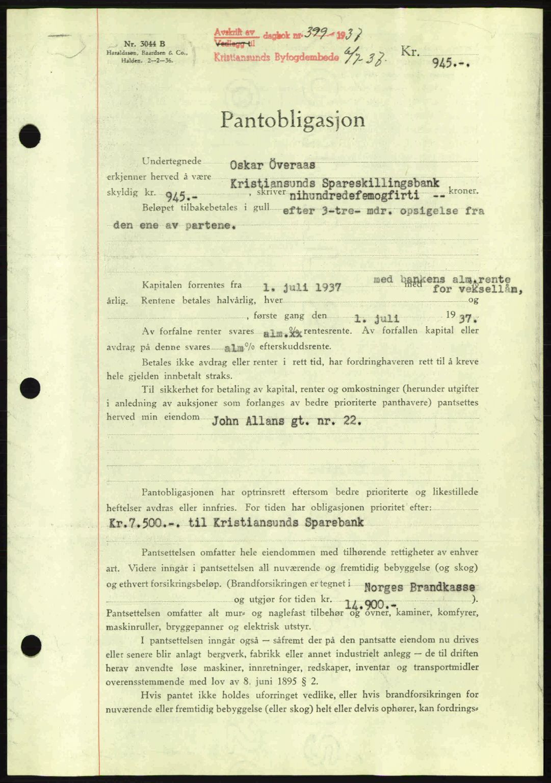 Kristiansund byfogd, AV/SAT-A-4587/A/27: Mortgage book no. 29, 1936-1937, Diary no: : 399/1937