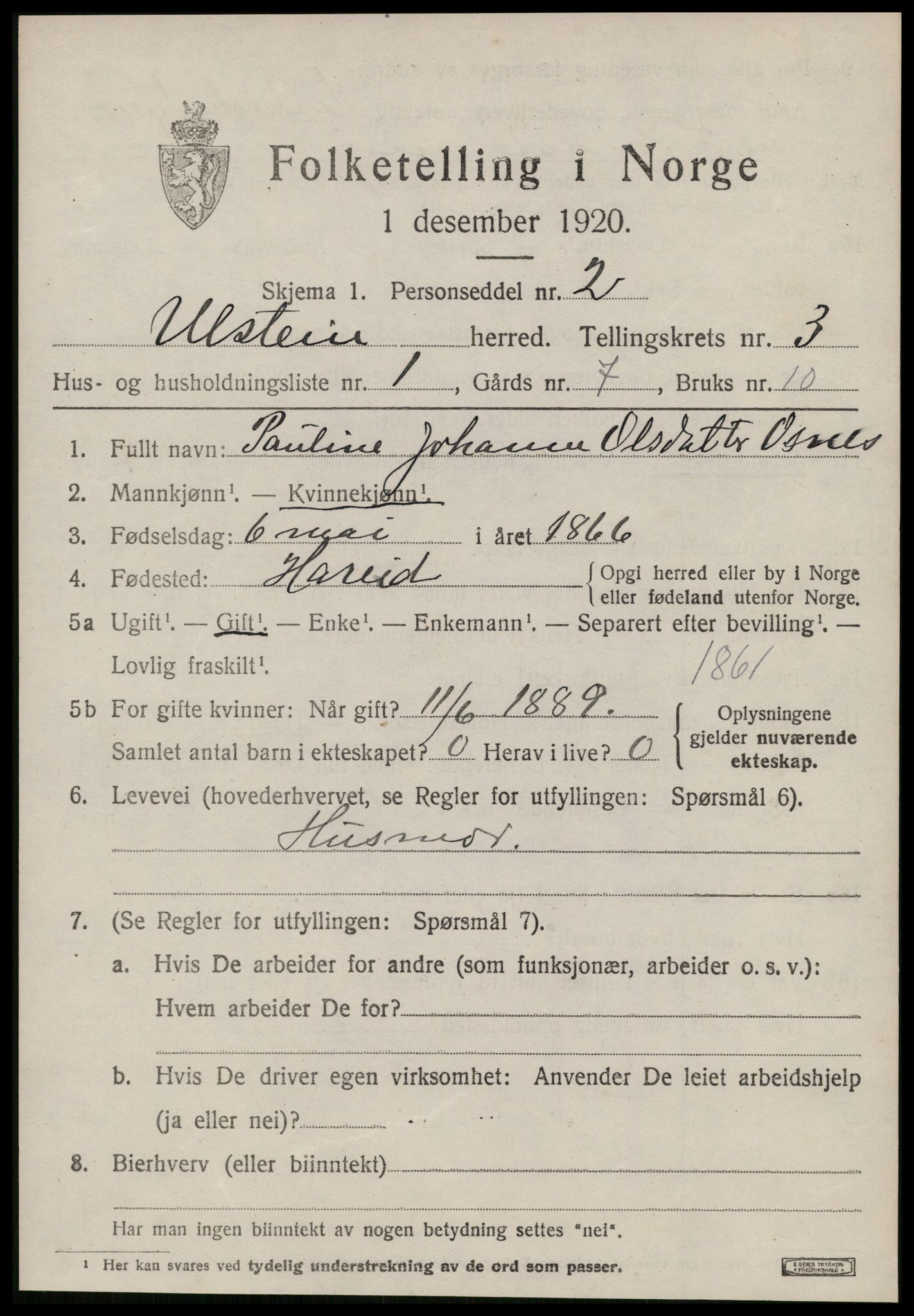 SAT, 1920 census for Ulstein, 1920, p. 1626