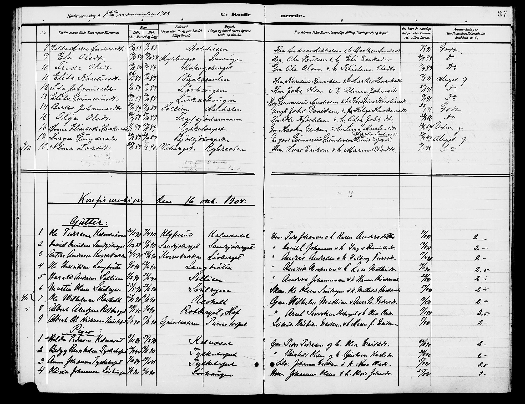 Grue prestekontor, AV/SAH-PREST-036/H/Ha/Hab/L0006: Parish register (copy) no. 6, 1902-1910, p. 37