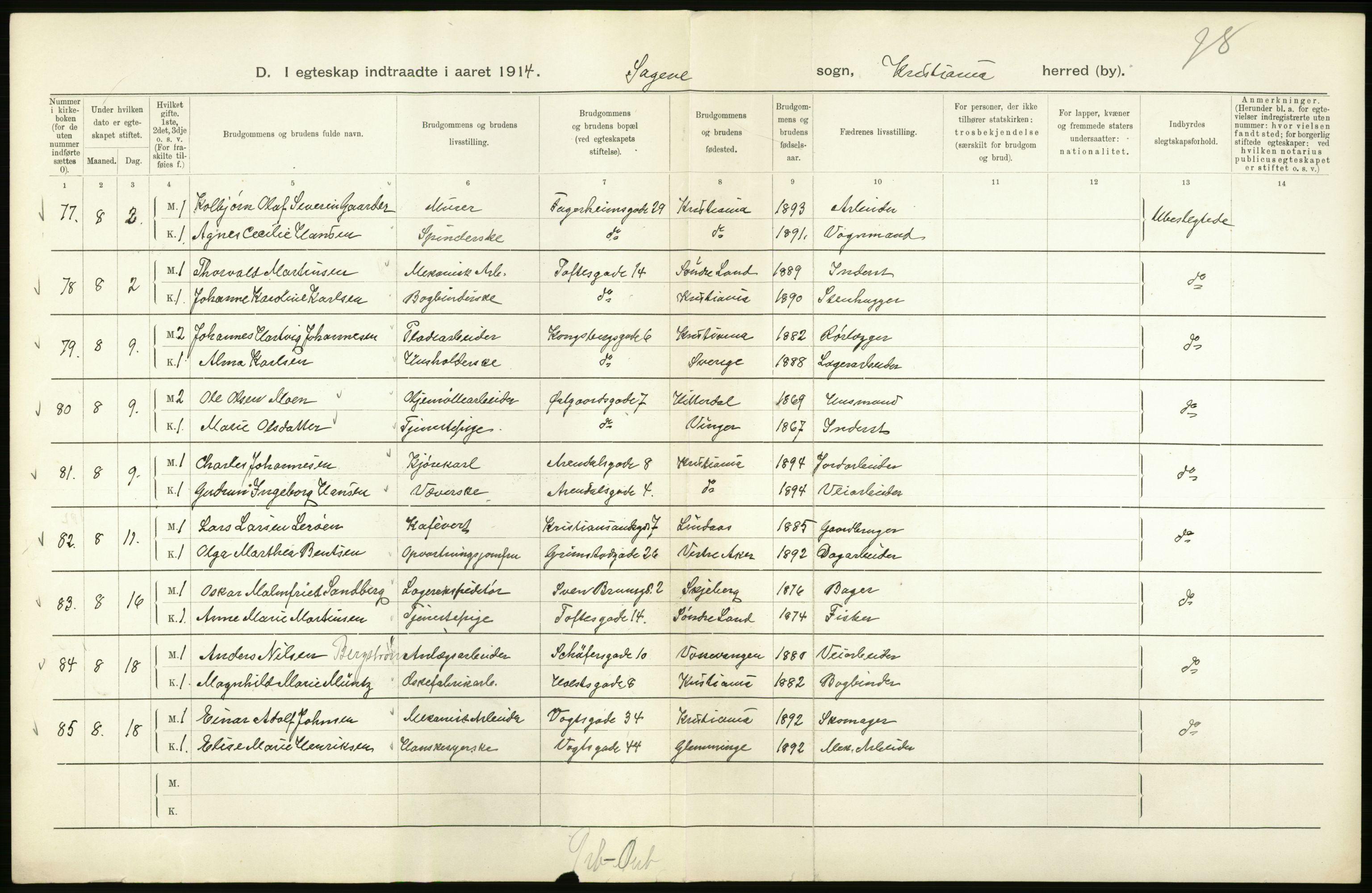 Statistisk sentralbyrå, Sosiodemografiske emner, Befolkning, AV/RA-S-2228/D/Df/Dfb/Dfbd/L0007: Kristiania: Gifte, 1914, p. 144