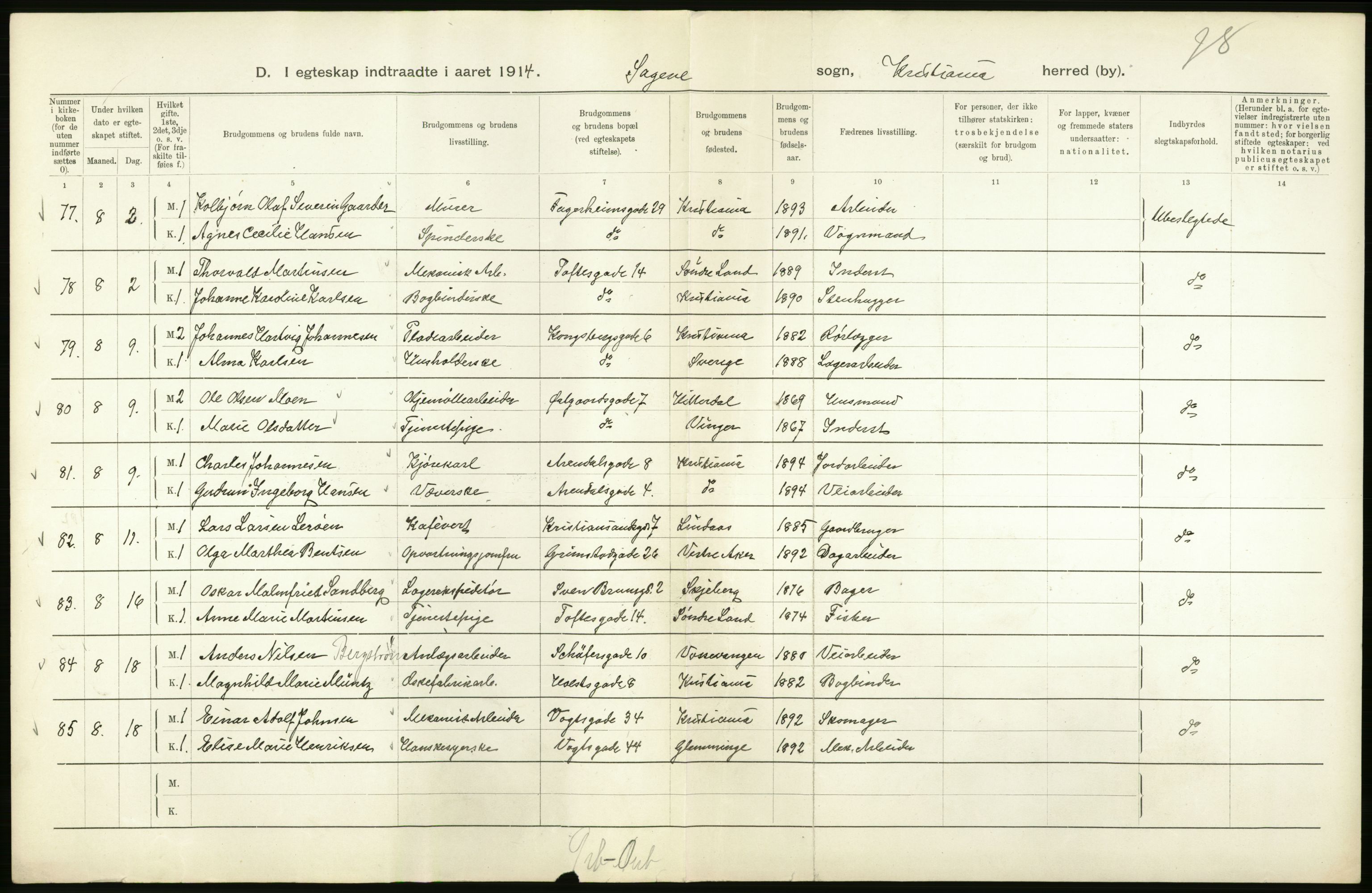 Statistisk sentralbyrå, Sosiodemografiske emner, Befolkning, RA/S-2228/D/Df/Dfb/Dfbd/L0007: Kristiania: Gifte, 1914, p. 144