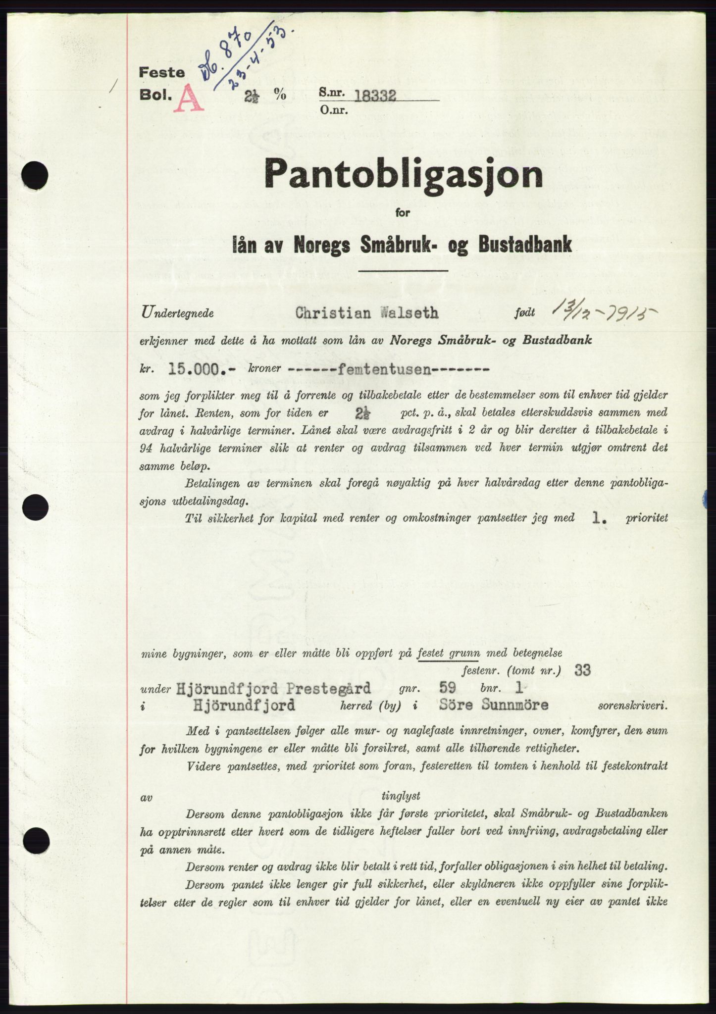 Søre Sunnmøre sorenskriveri, AV/SAT-A-4122/1/2/2C/L0123: Mortgage book no. 11B, 1953-1953, Diary no: : 870/1953