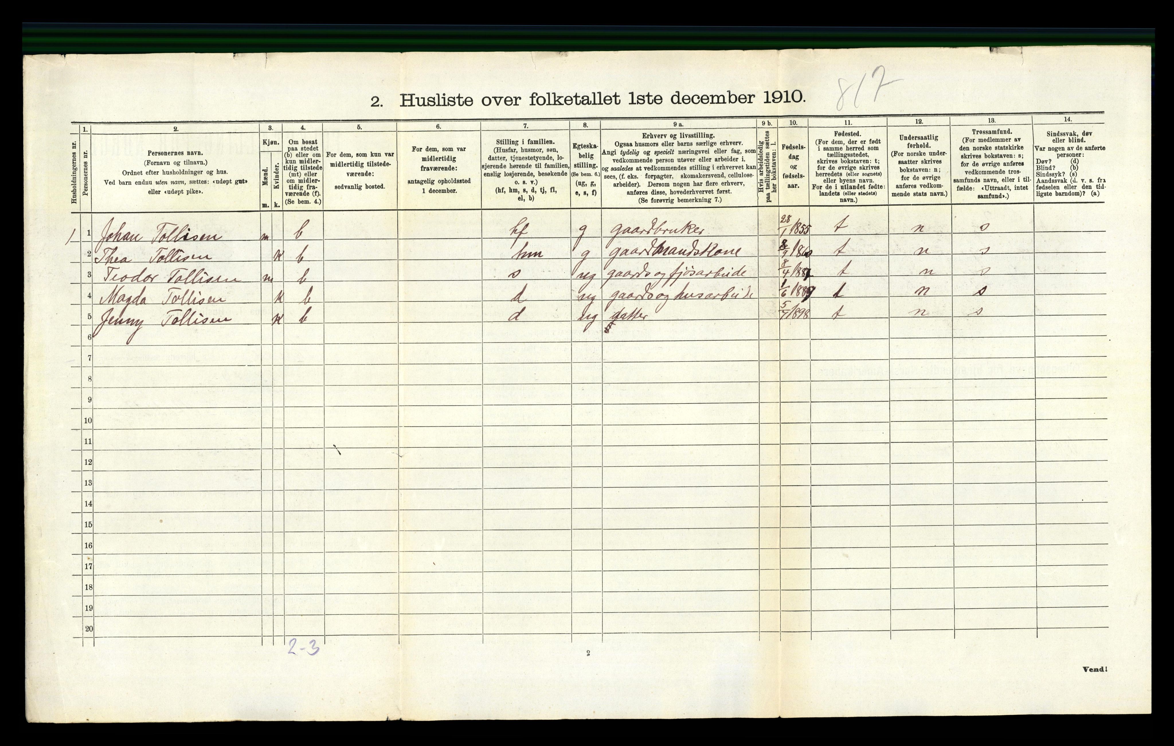 RA, 1910 census for Vanse, 1910, p. 464