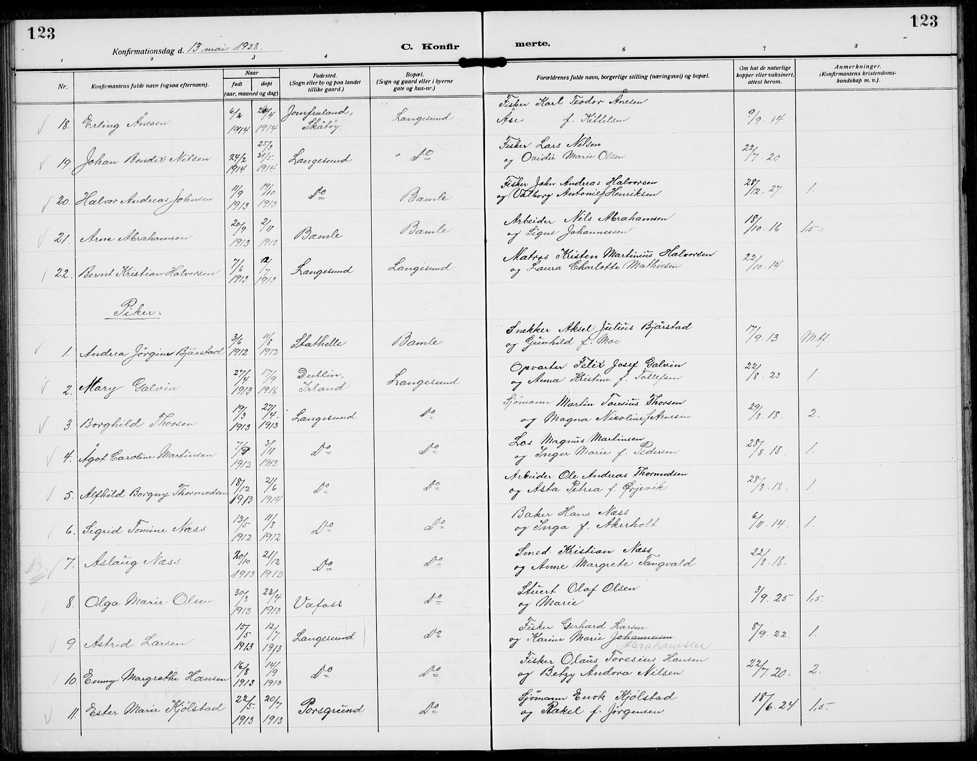 Langesund kirkebøker, AV/SAKO-A-280/G/Ga/L0007: Parish register (copy) no. 7, 1919-1939, p. 123