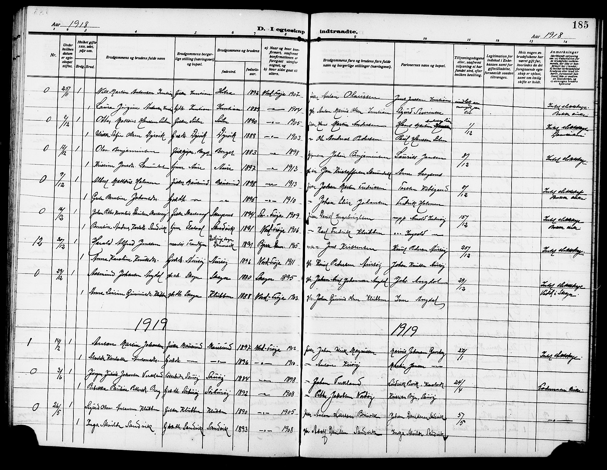 Ministerialprotokoller, klokkerbøker og fødselsregistre - Sør-Trøndelag, SAT/A-1456/640/L0588: Parish register (copy) no. 640C05, 1909-1922, p. 185