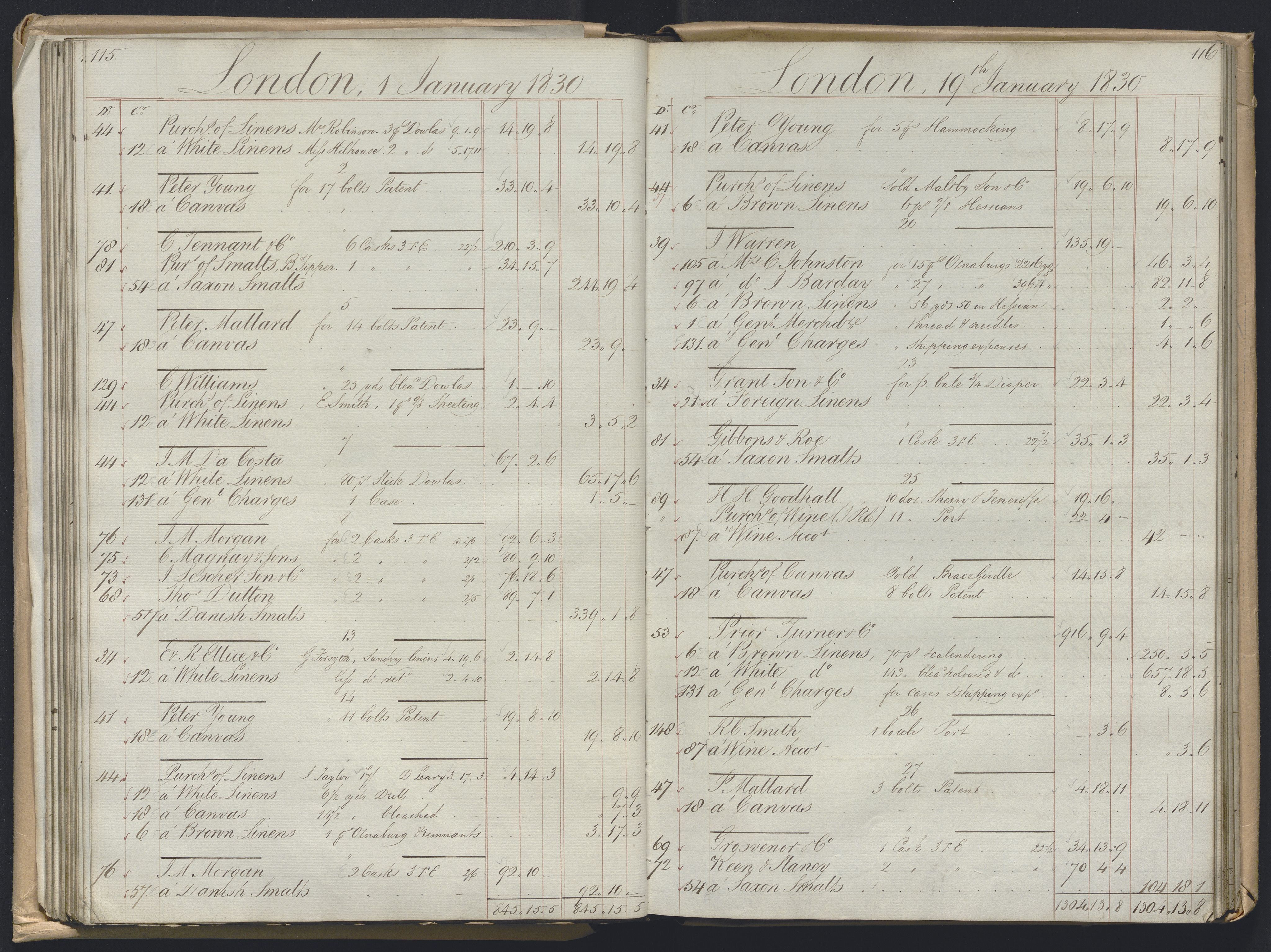 Smith, Goodhall & Reeves, AV/RA-PA-0586/R/L0001: Dagbok (Daybook) A, 1829-1831, p. 115-116