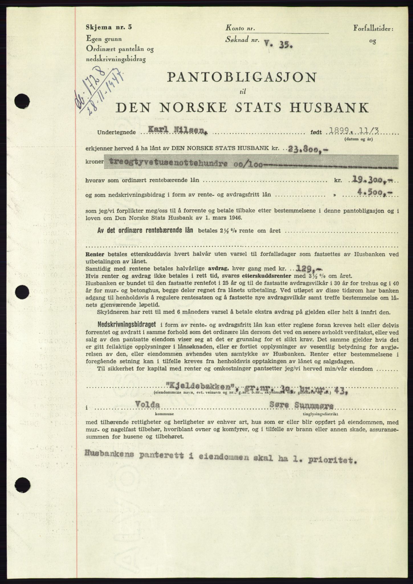 Søre Sunnmøre sorenskriveri, AV/SAT-A-4122/1/2/2C/L0115: Mortgage book no. 3B, 1947-1948, Diary no: : 1728/1947