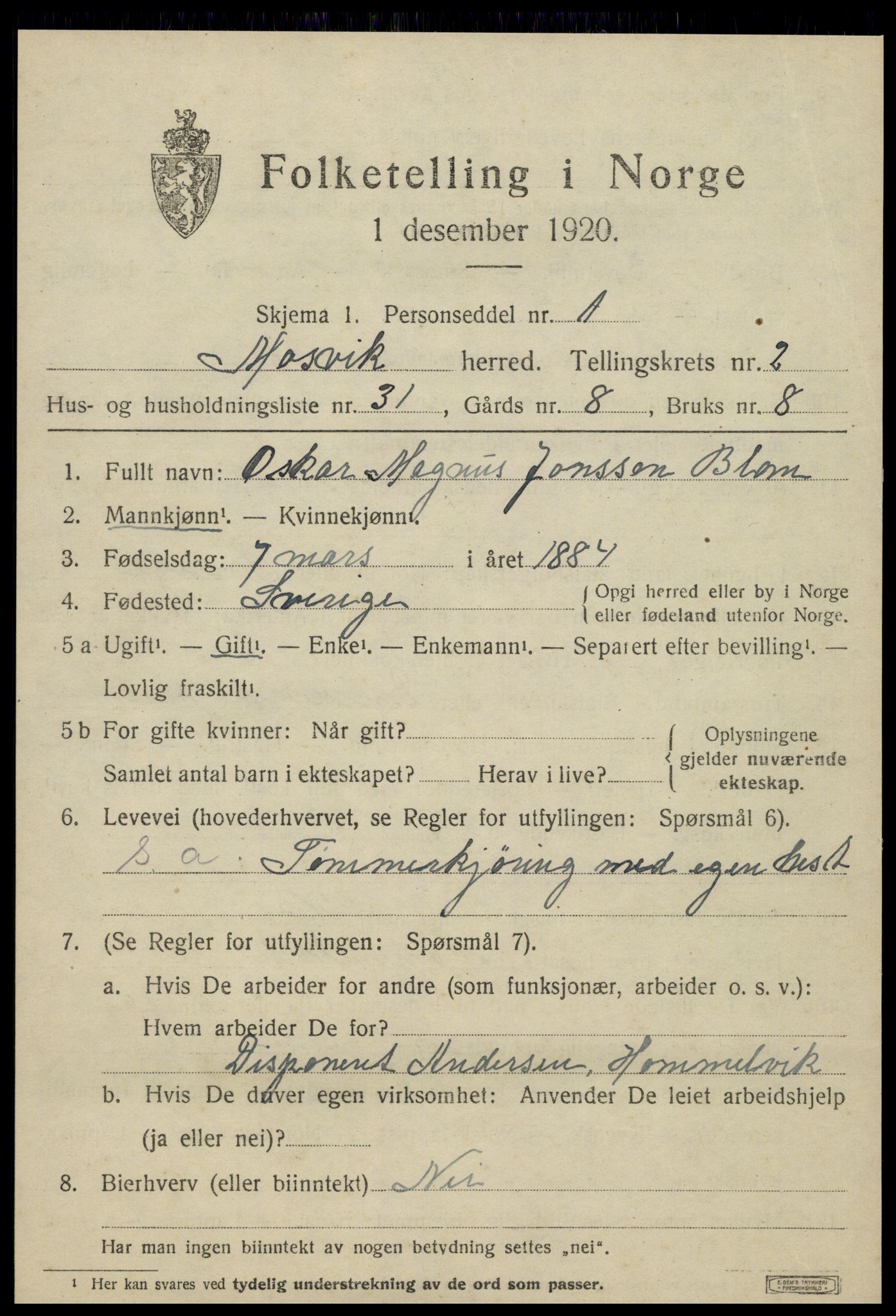 SAT, 1920 census for Mosvik, 1920, p. 842