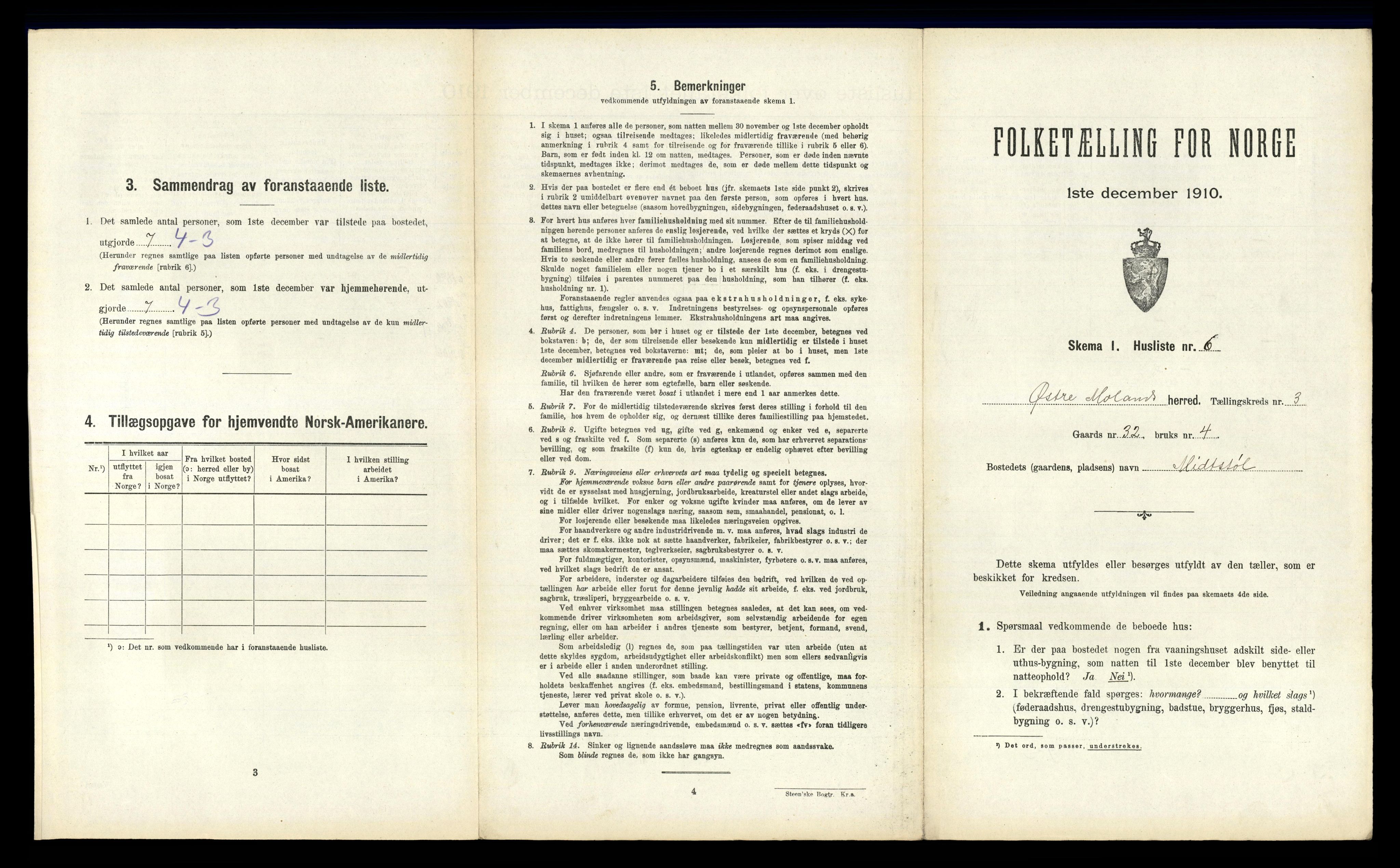 RA, 1910 census for Austre Moland, 1910, p. 296