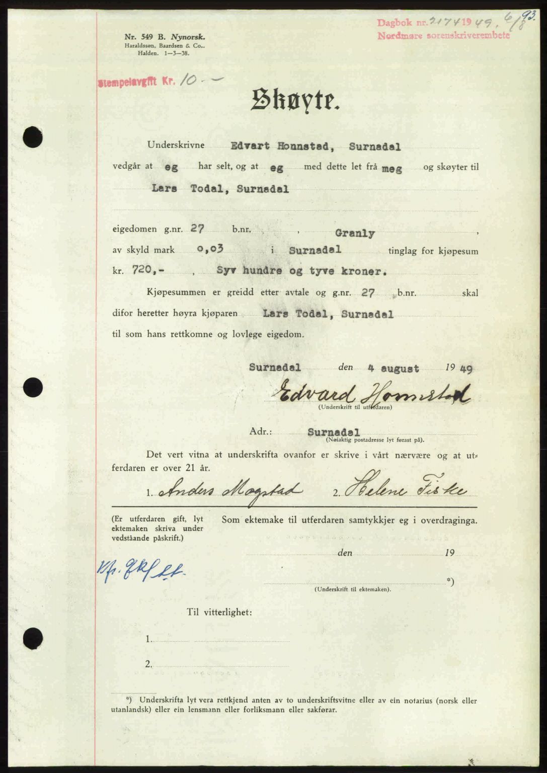 Nordmøre sorenskriveri, AV/SAT-A-4132/1/2/2Ca: Mortgage book no. A112, 1949-1949, Diary no: : 2174/1949