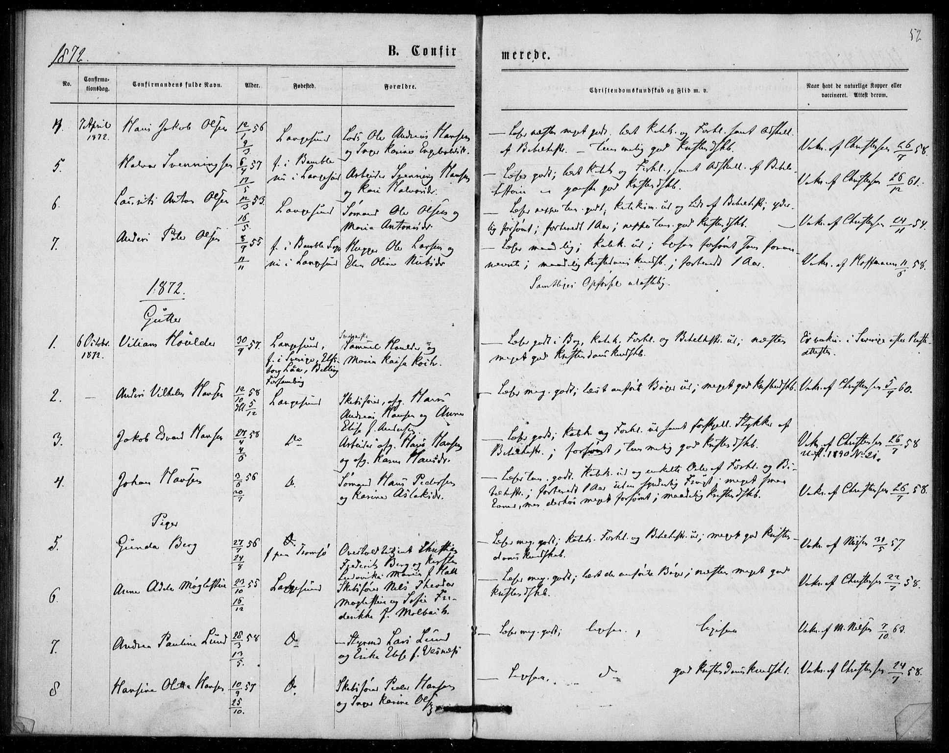 Langesund kirkebøker, SAKO/A-280/F/Fa/L0001: Parish register (official) no. 1, 1870-1877, p. 52