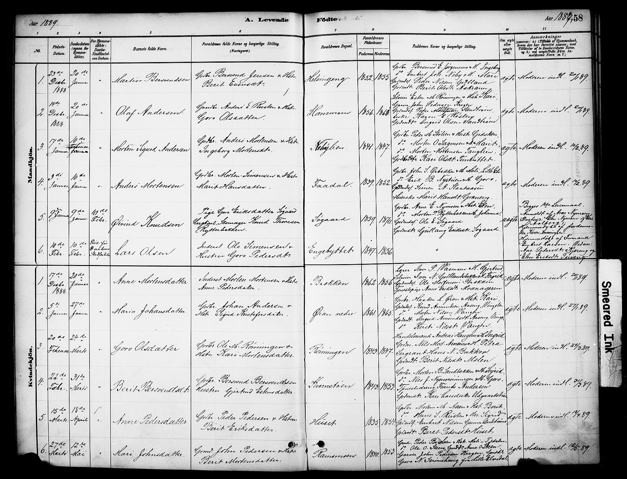 Tynset prestekontor, SAH/PREST-058/H/Ha/Hab/L0006: Parish register (copy) no. 6, 1880-1899, p. 58