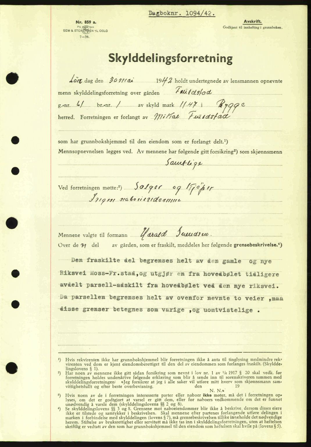 Moss sorenskriveri, SAO/A-10168: Mortgage book no. A9, 1941-1942, Diary no: : 1094/1942
