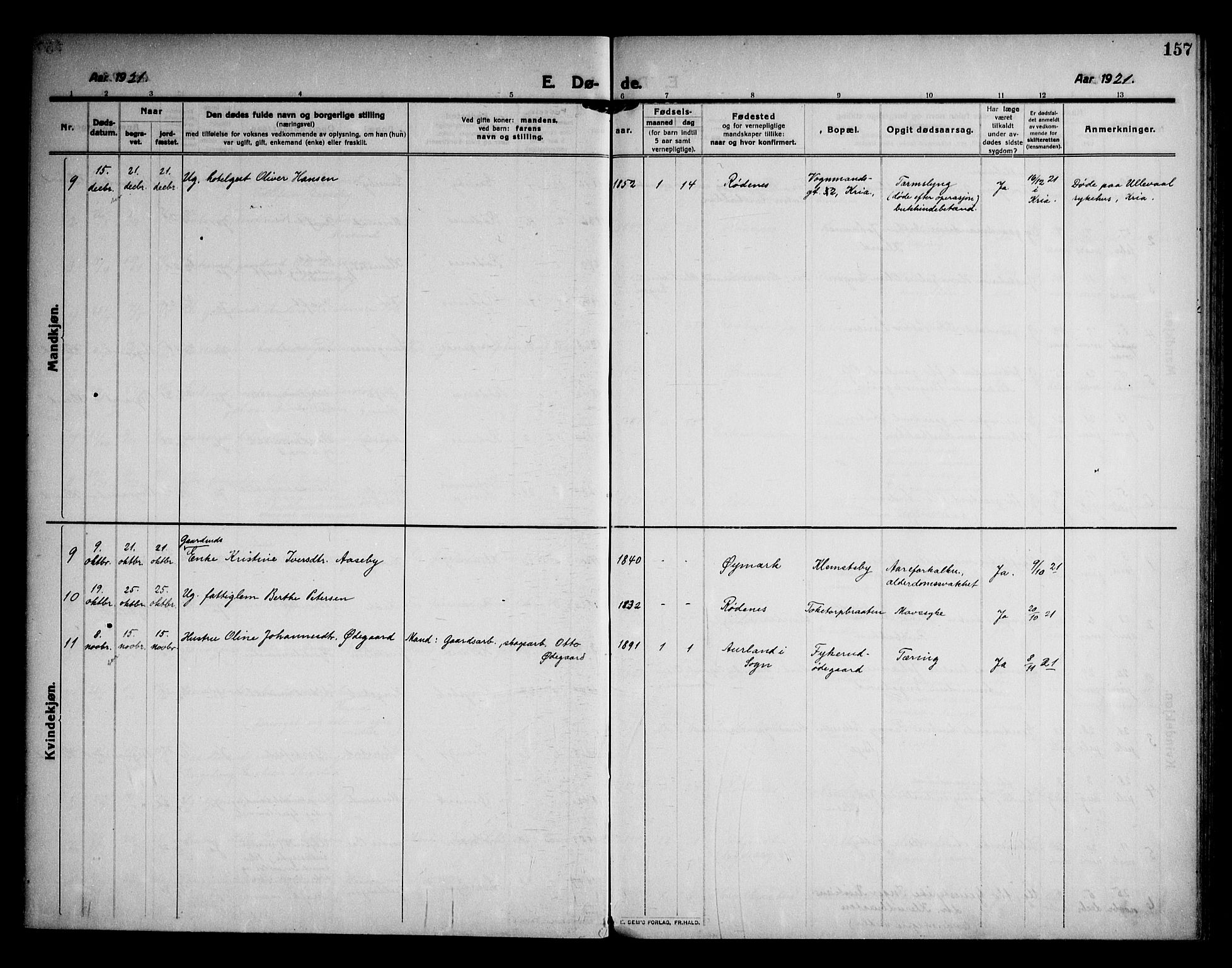 Rødenes prestekontor Kirkebøker, AV/SAO-A-2005/F/Fa/L0012: Parish register (official) no. I 12, 1911-1926, p. 157