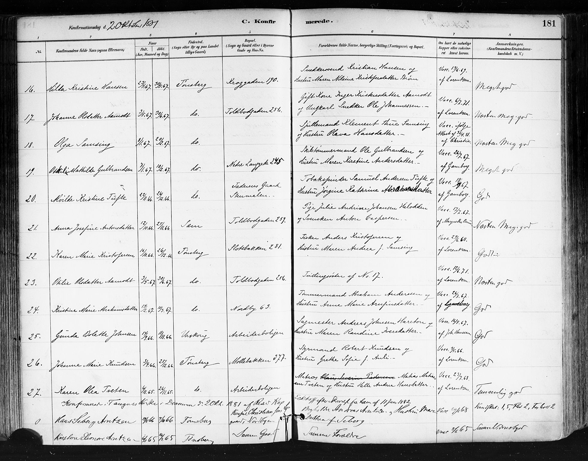 Tønsberg kirkebøker, AV/SAKO-A-330/F/Fa/L0011: Parish register (official) no. I 11, 1881-1890, p. 181