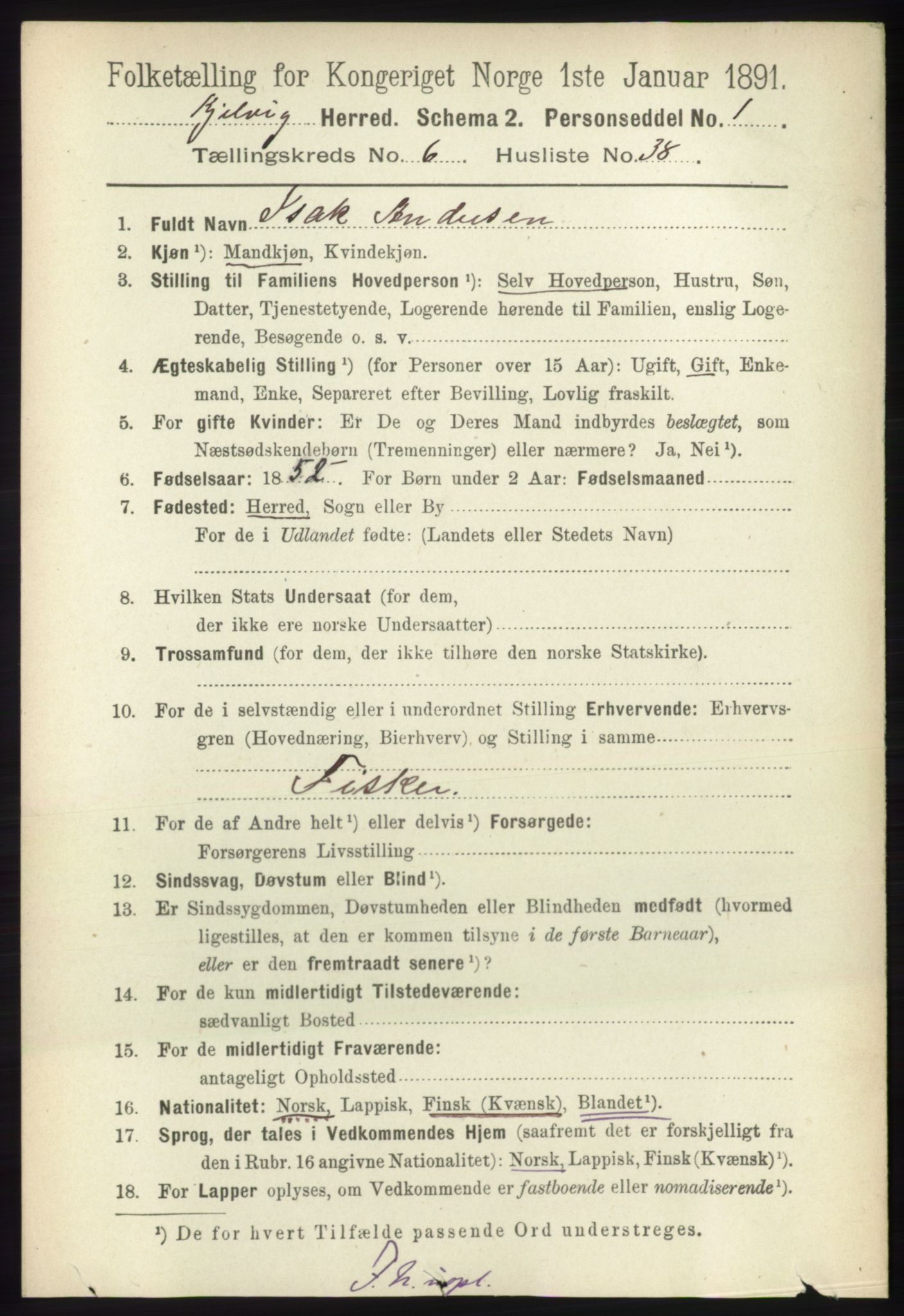 RA, 1891 census for 2019 Kjelvik, 1891, p. 841