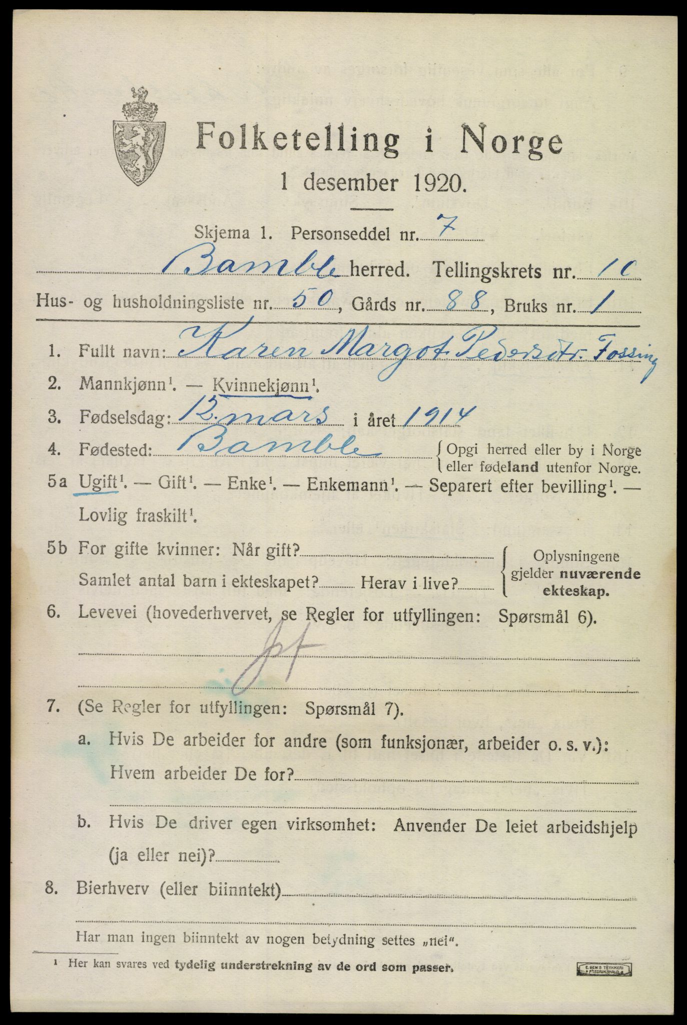 SAKO, 1920 census for Bamble, 1920, p. 8795