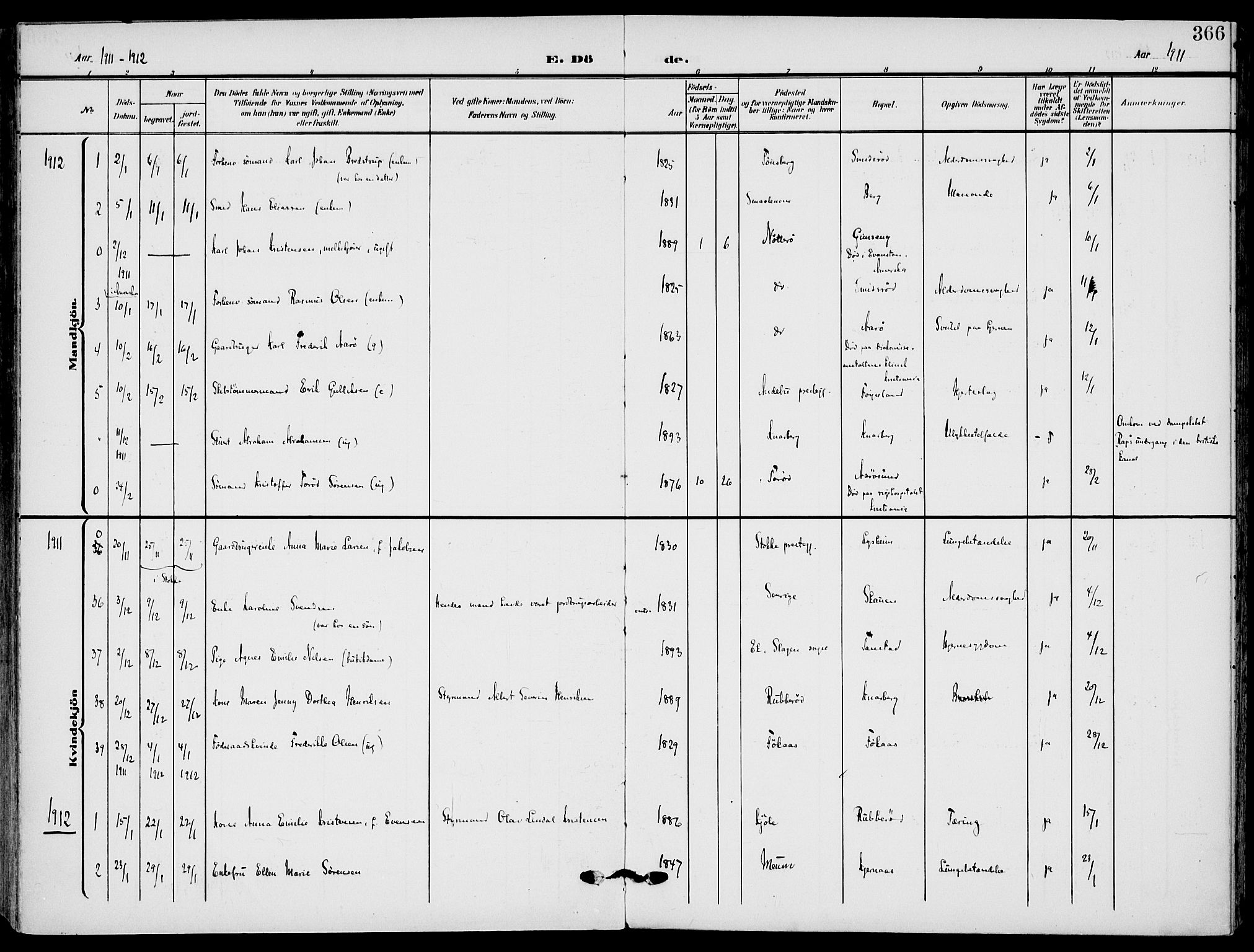 Nøtterøy kirkebøker, SAKO/A-354/F/Fa/L0010: Parish register (official) no. I 10, 1908-1919, p. 366